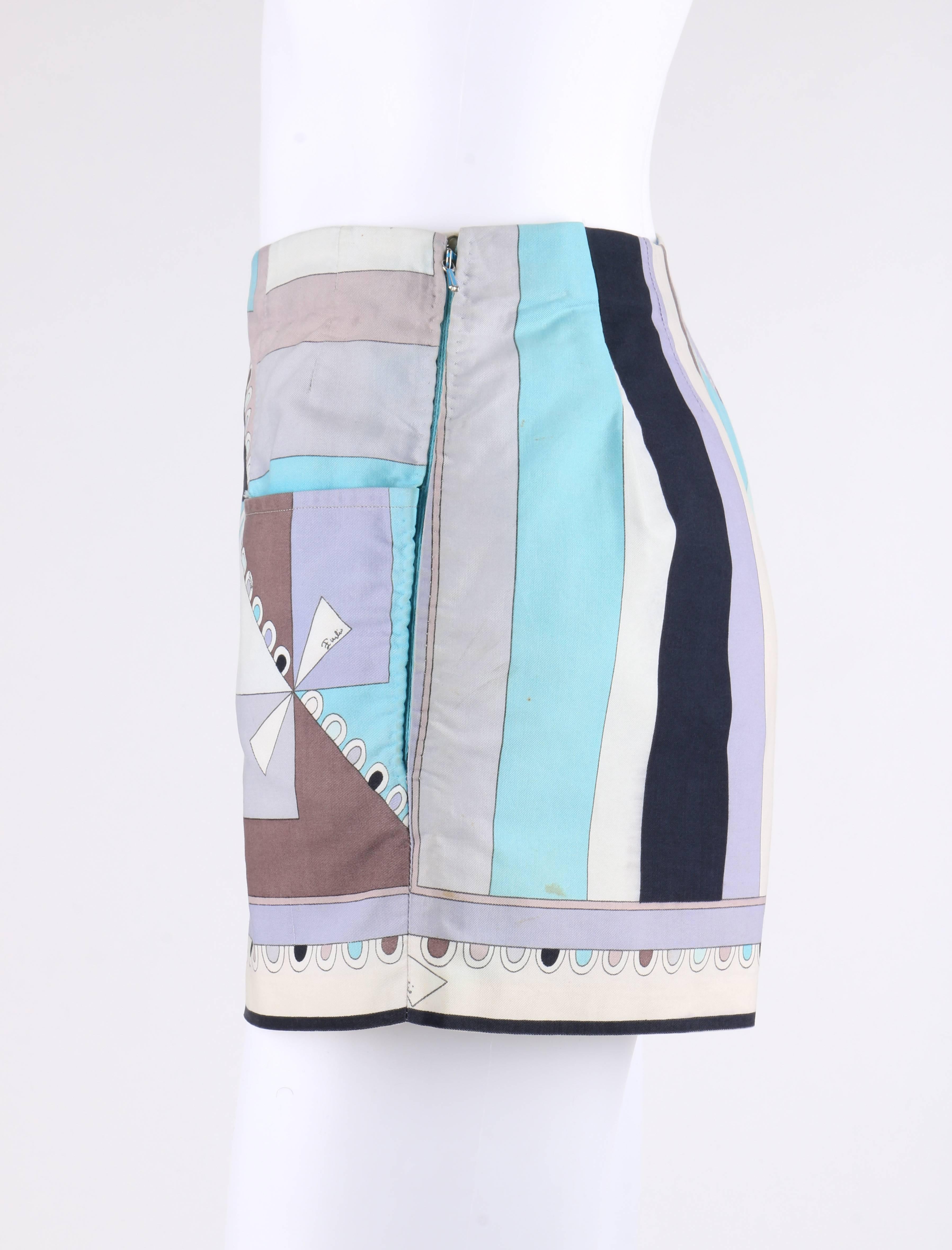 EMILIO PUCCI ca. 1968 „Colletti“ Graue Multicolor-Shorts mit geometrischem Muster im Angebot 1