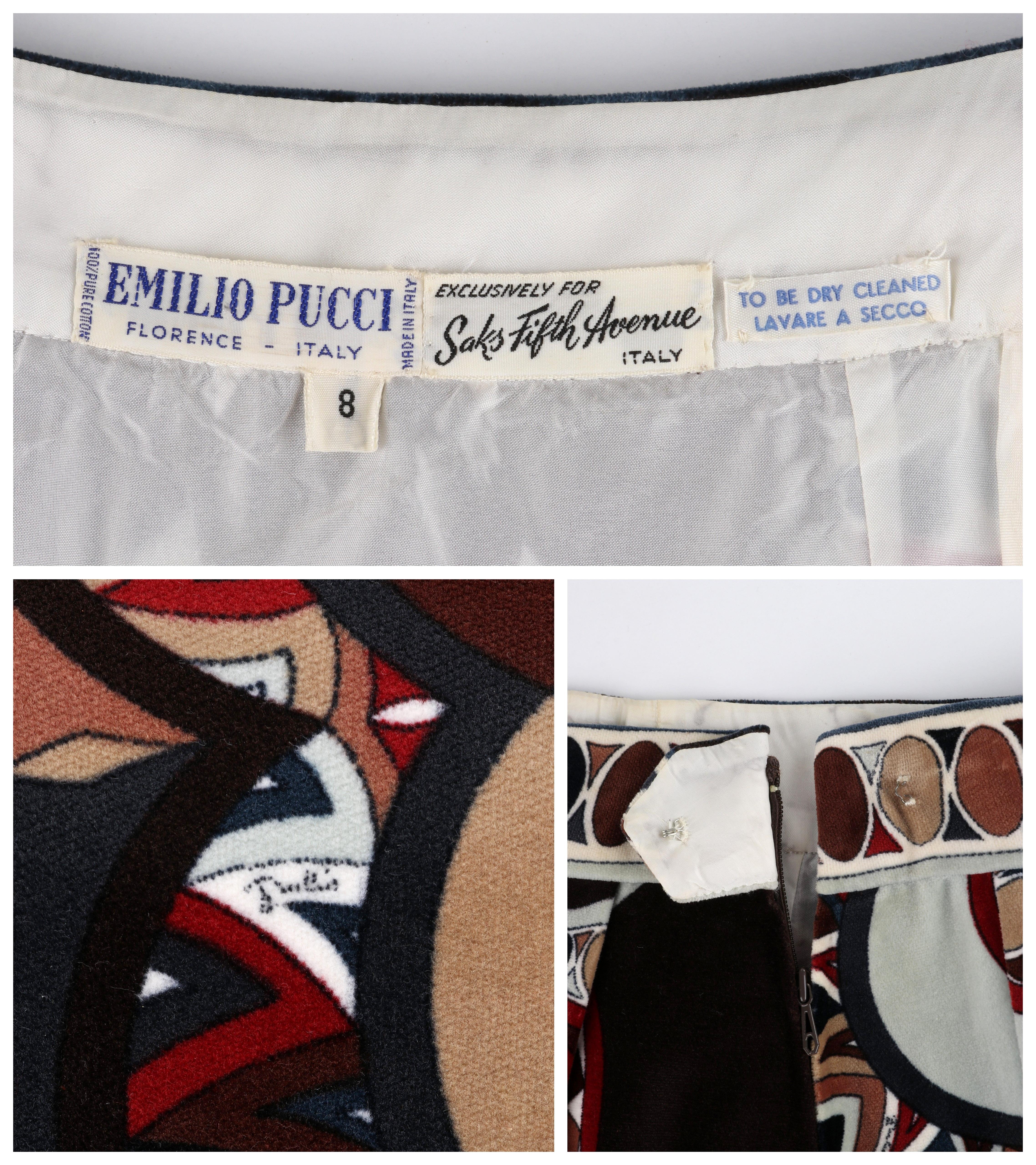 EMILIO PUCCI c.1969 Brown Multicolor Print A-Line Velvet Pleated Mini Skirt For Sale 3