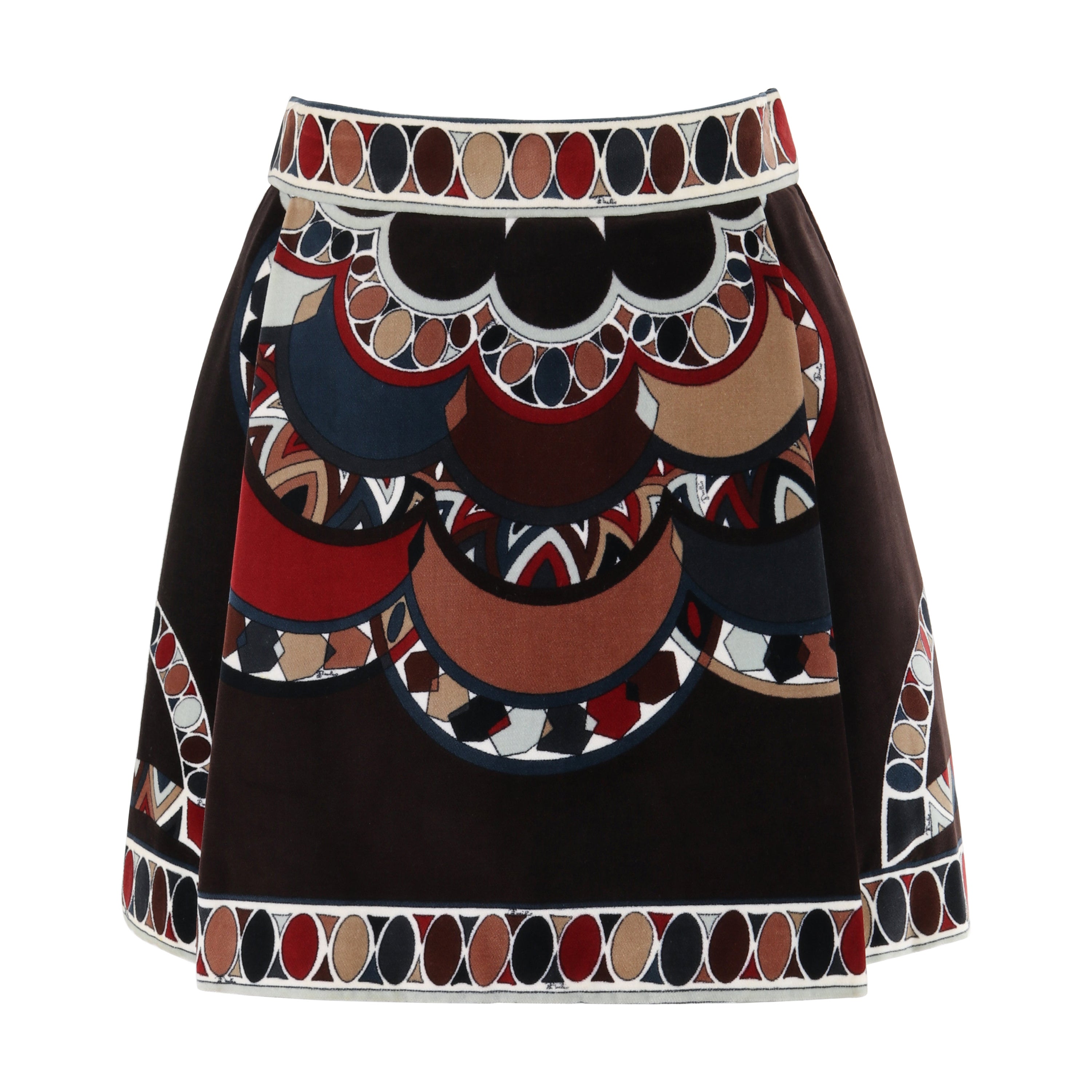 Mini-jupe plissée Emilio Pucci en velours marron à imprimé multicolore (1969 environ)