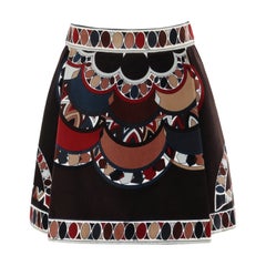 EMILIO PUCCI c.1969 Mini gonna a pieghe in velluto marrone con stampa multicolore