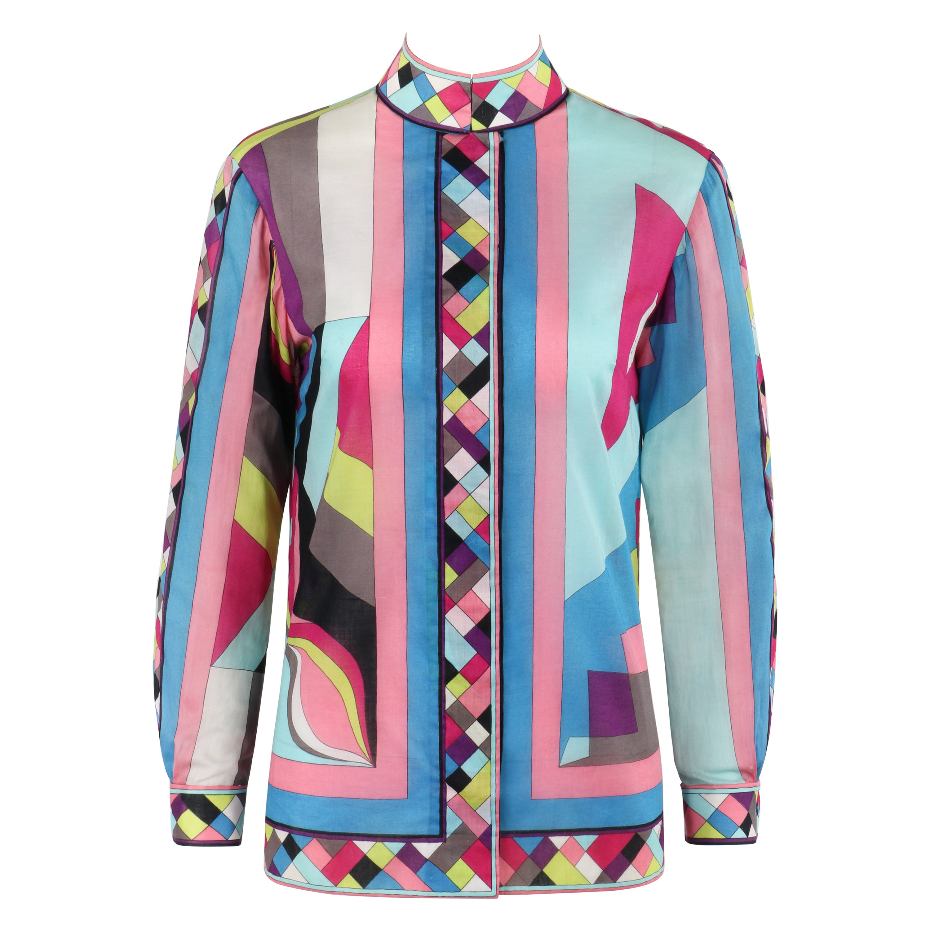 EMILIO PUCCI c.1969 Camicetta con stampa geometrica multicolore con bottoni e colletto, Top