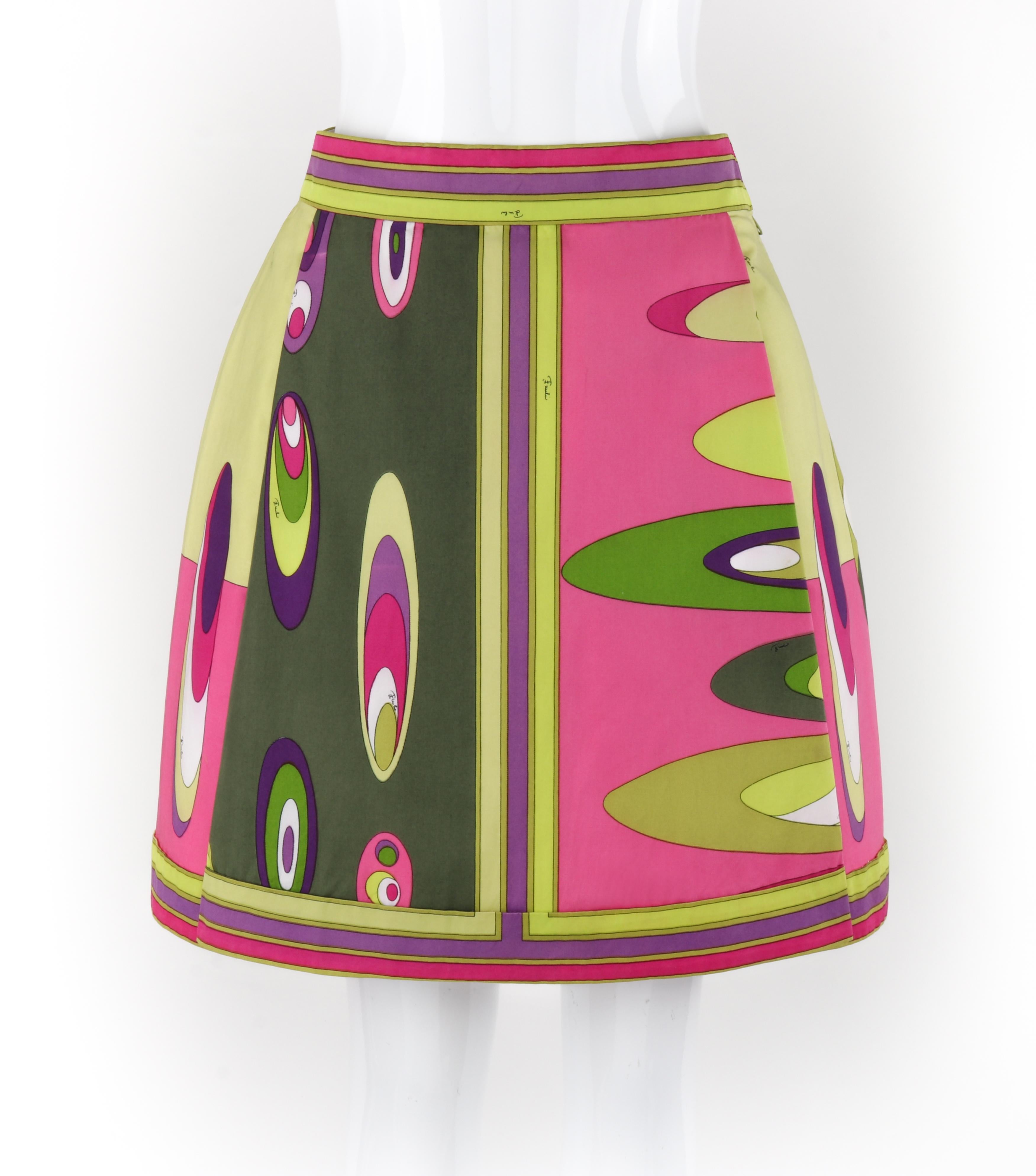 Brand / Manufacturer: Emilio Pucci
Circa: 1969
Designer: Emilio Pucci 
Style: Mini Skirt
Color(s): Shades of green, pink, purple, white, black
Lined: No
Marked Fabric Content: 