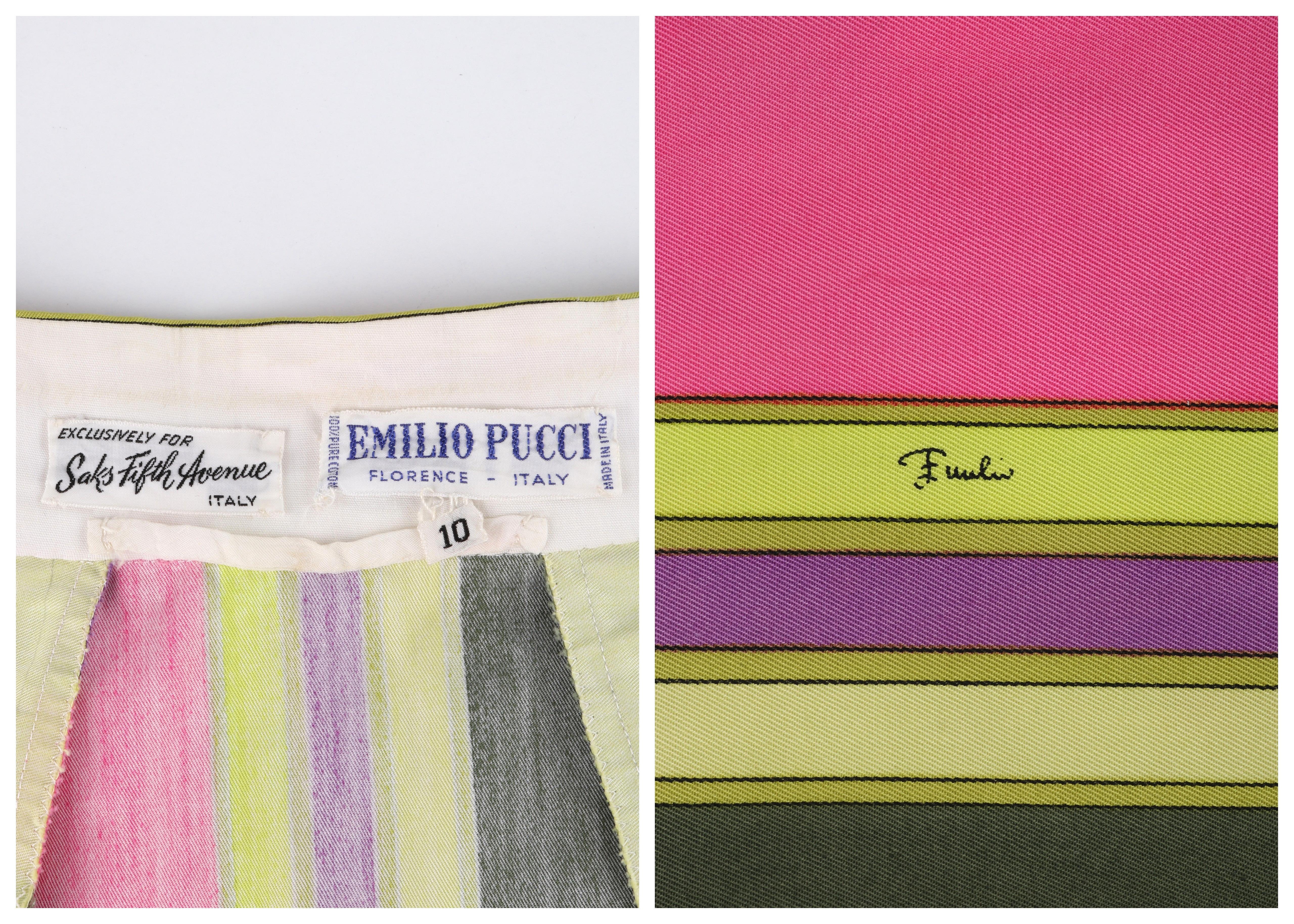 EMILIO PUCCI c.1969 Multicolor Signature Print Op Art A-Line Pleated Mini Skirt For Sale 2
