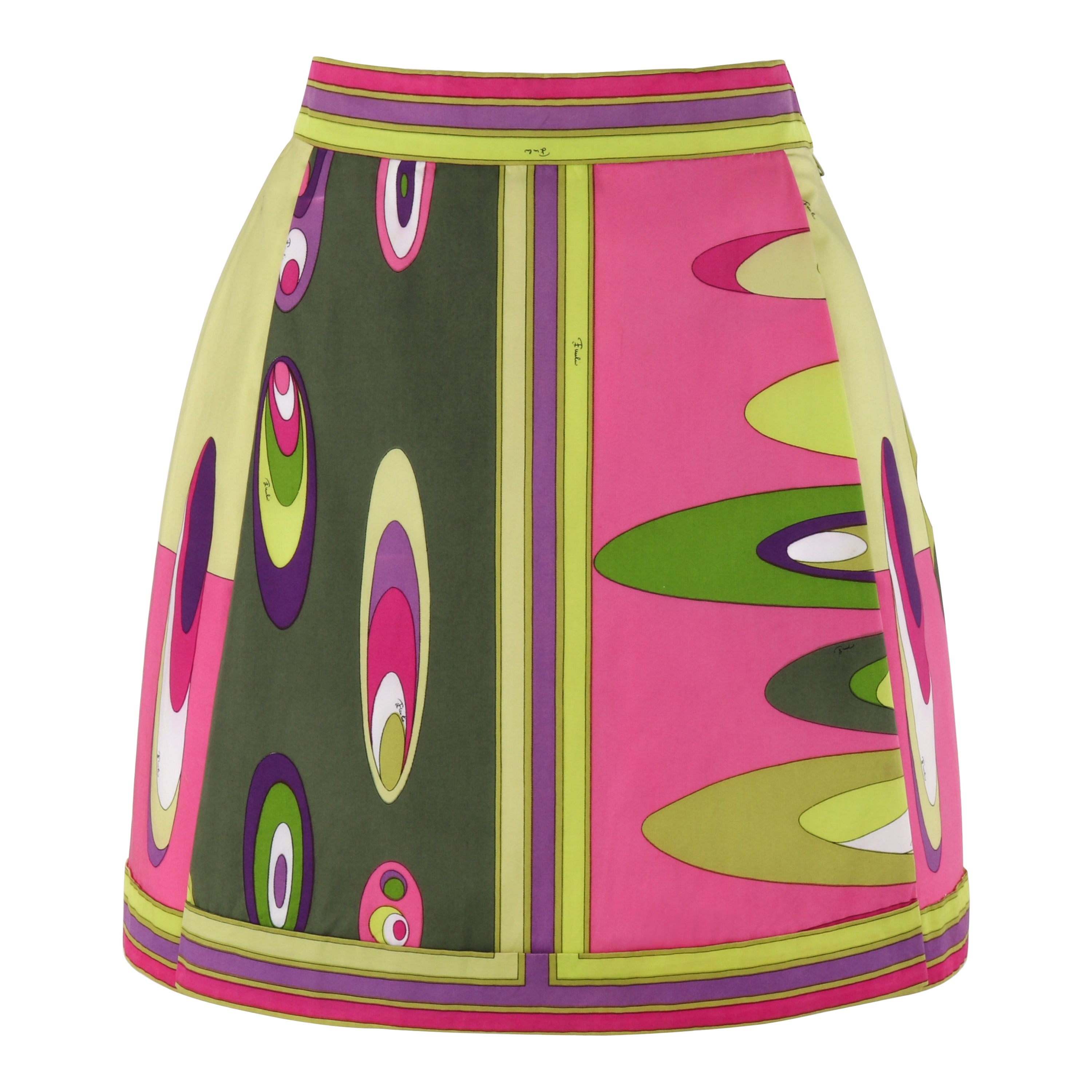 Emilio Pucci c.1969 Gonna a pieghe A-Line con stampa firma multicolore Op Art