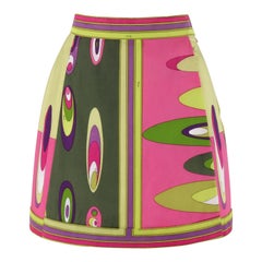 Emilio Pucci c.1969 Gonna a pieghe A-Line con stampa firma multicolore Op Art