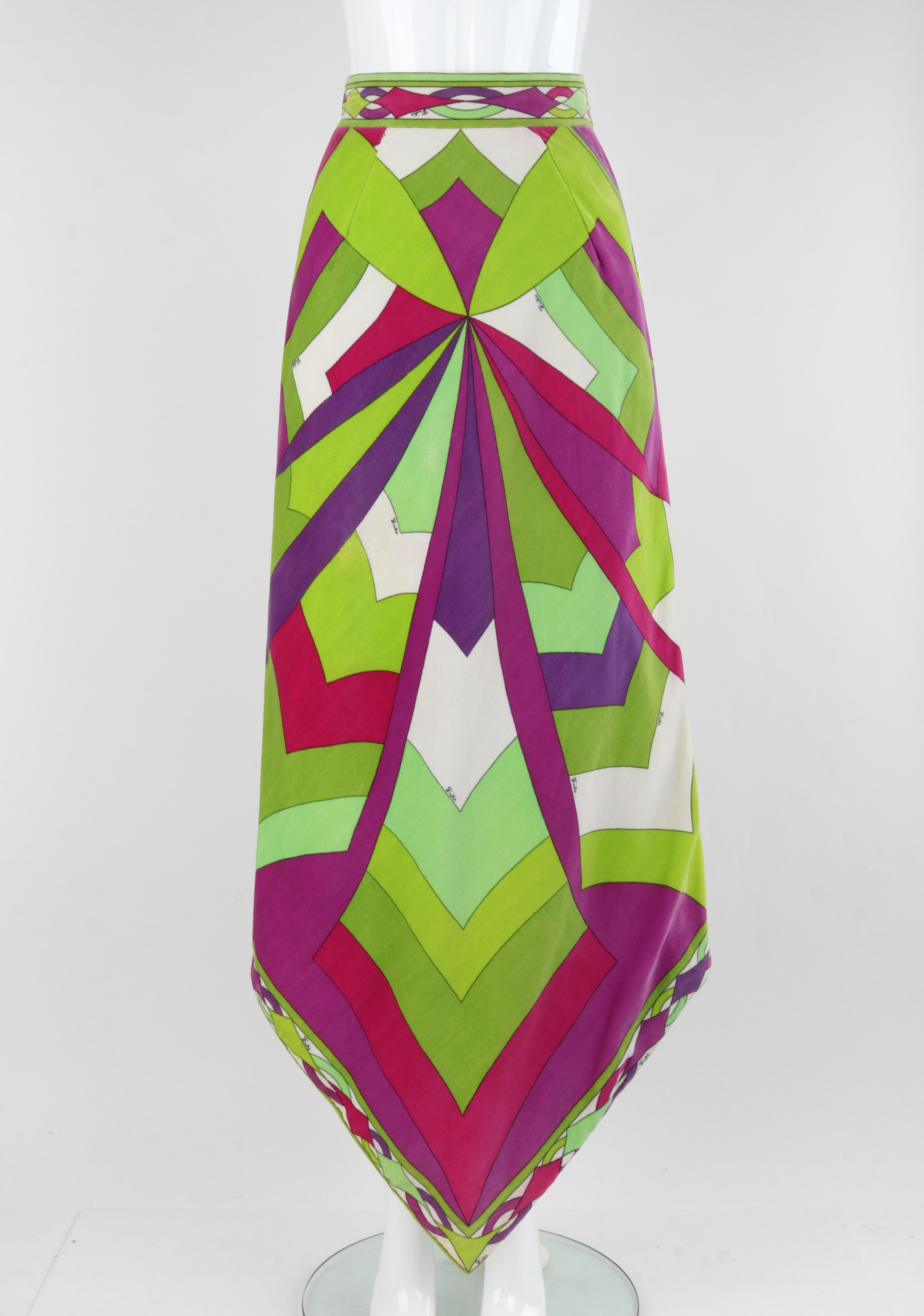 EMILIO PUCCI c.1969 Vtg Multicolor Velvet Abstract Print Scarf Hem Maxi Skirt

Brand / Manufacturer: Emilio Pucci For Saks Fifth Avenue
Circa: 1969
Designer: Emilio Pucci
Style: Maxi Skirt
Color(s): Shades of Green, Purple, Pink, White
Lined: