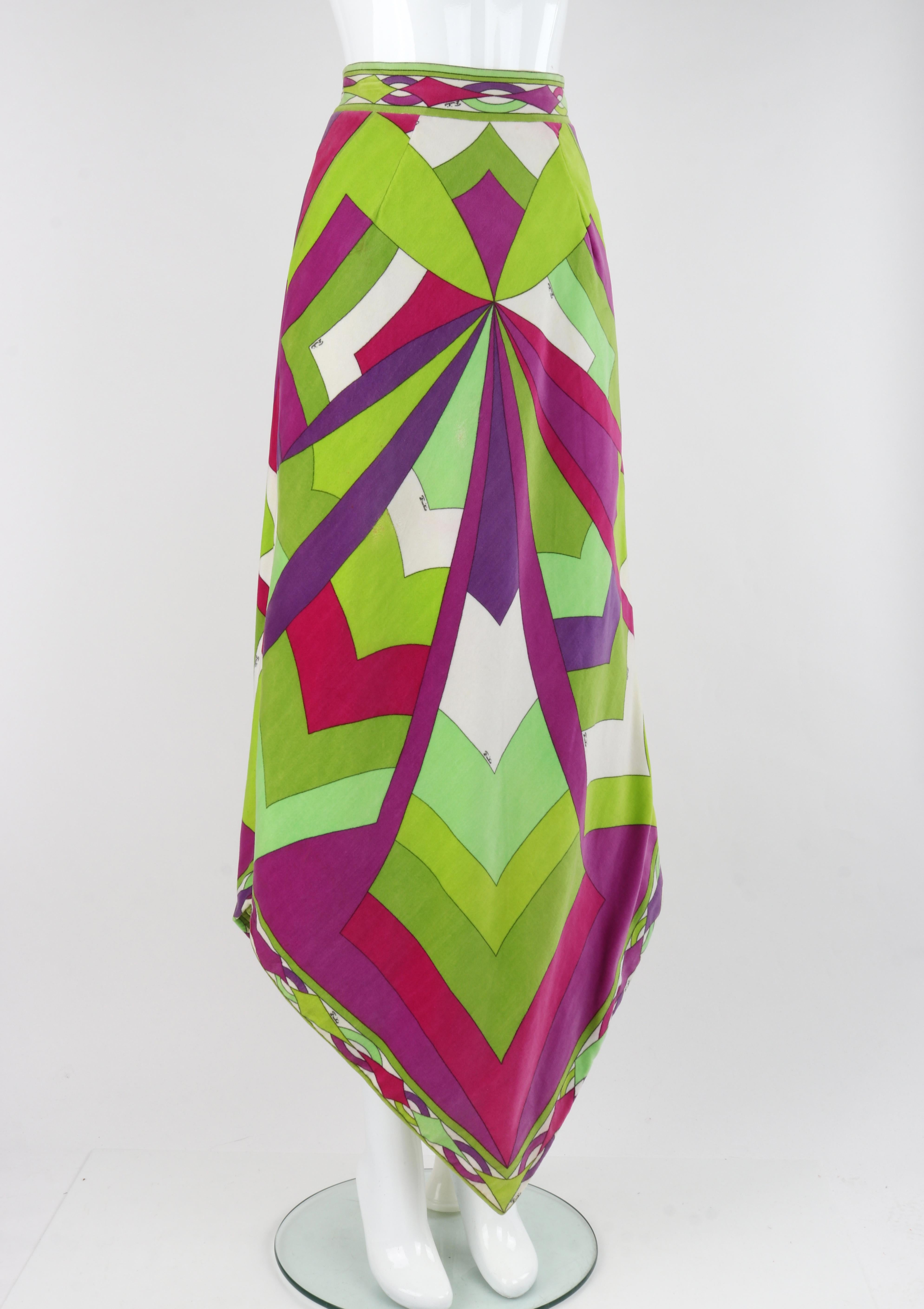 EMILIO PUCCI c.1969 Vtg Multicolor Velvet Abstract Print Scarf Hem Maxi Skirt In Fair Condition For Sale In Thiensville, WI