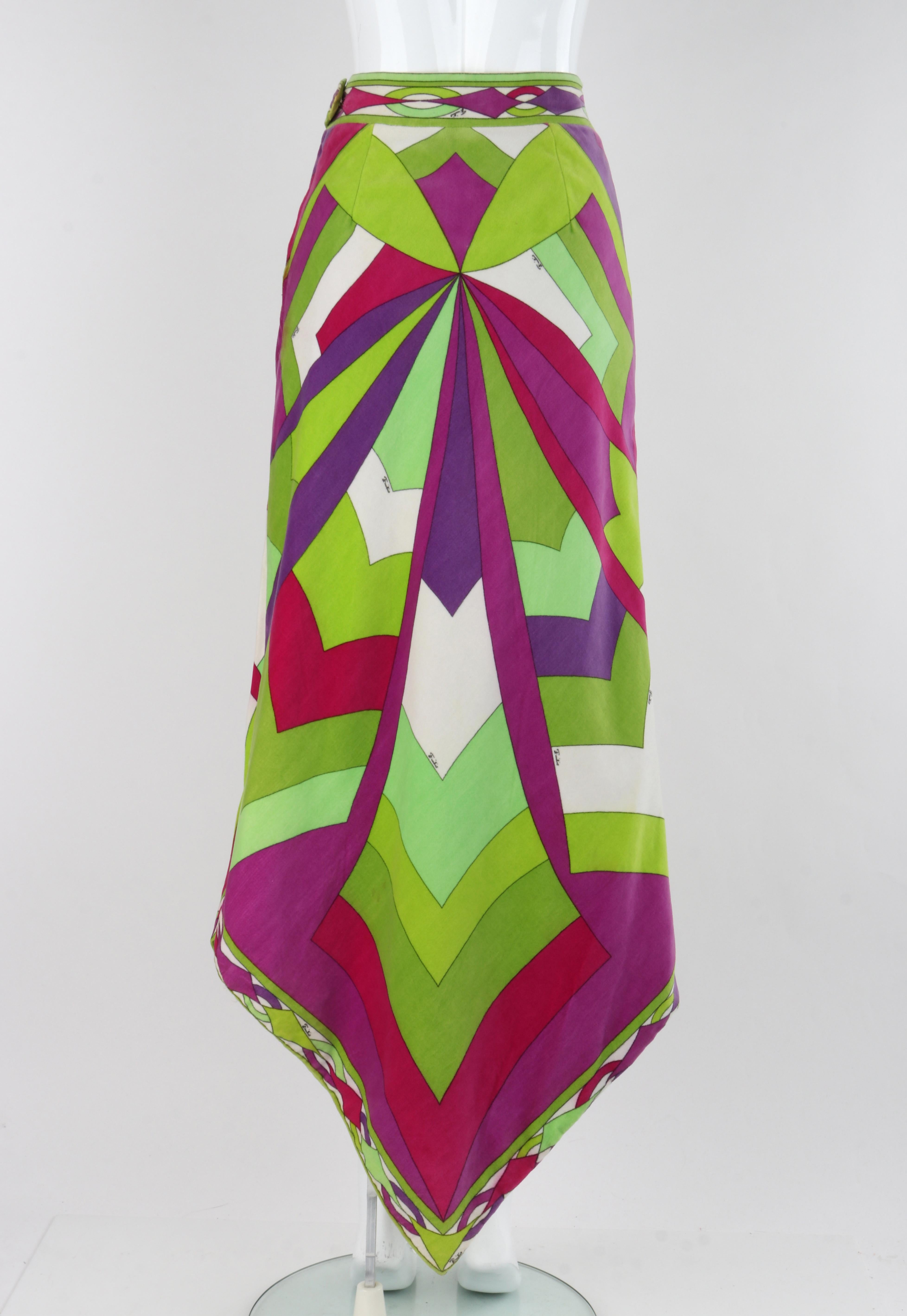 EMILIO PUCCI c.1969 Vtg Multicolor Velvet Abstract Print Scarf Hem Maxi Skirt For Sale 1
