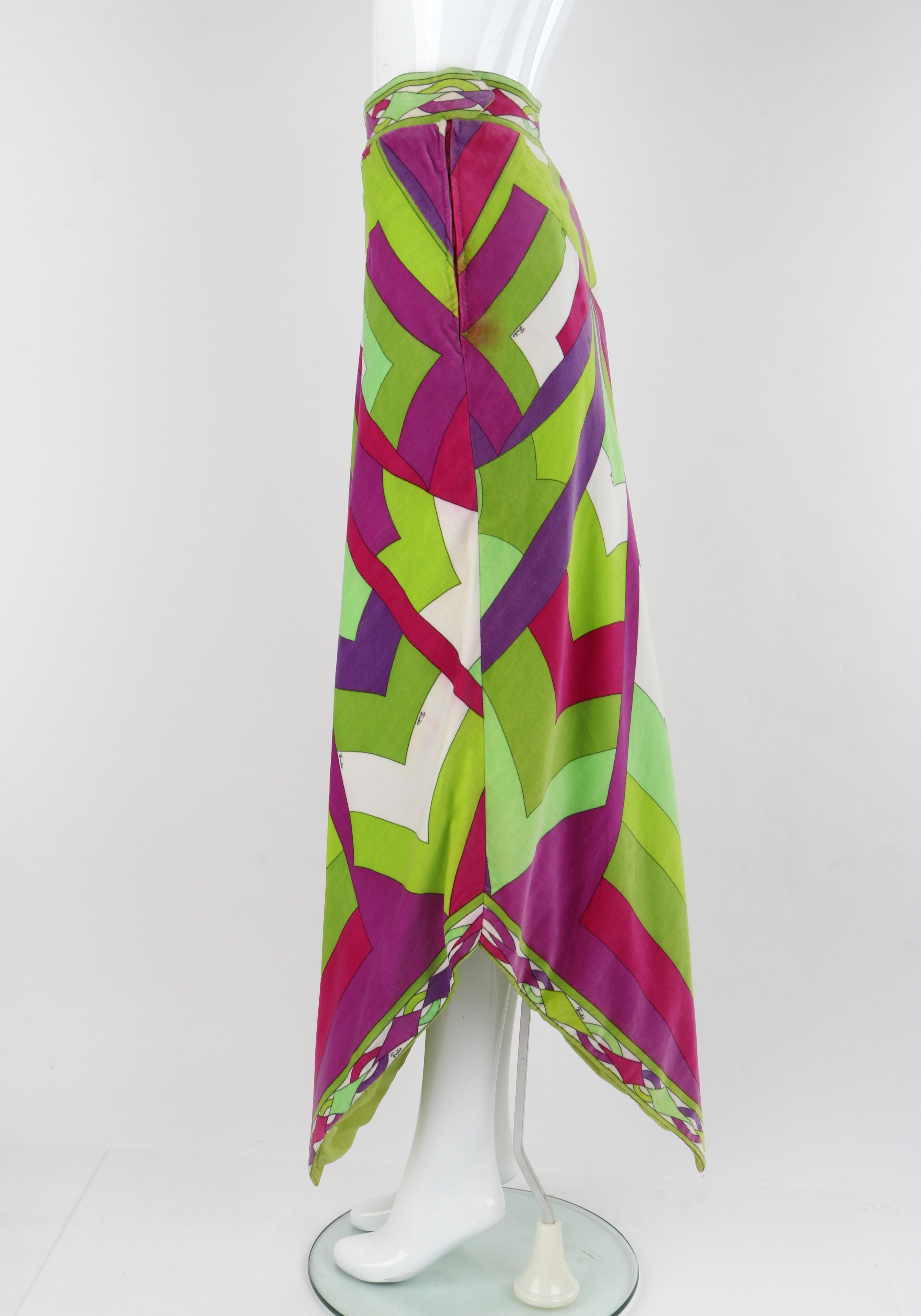 EMILIO PUCCI c.1969 Vtg Multicolor Velvet Abstract Print Scarf Hem Maxi Skirt For Sale 2