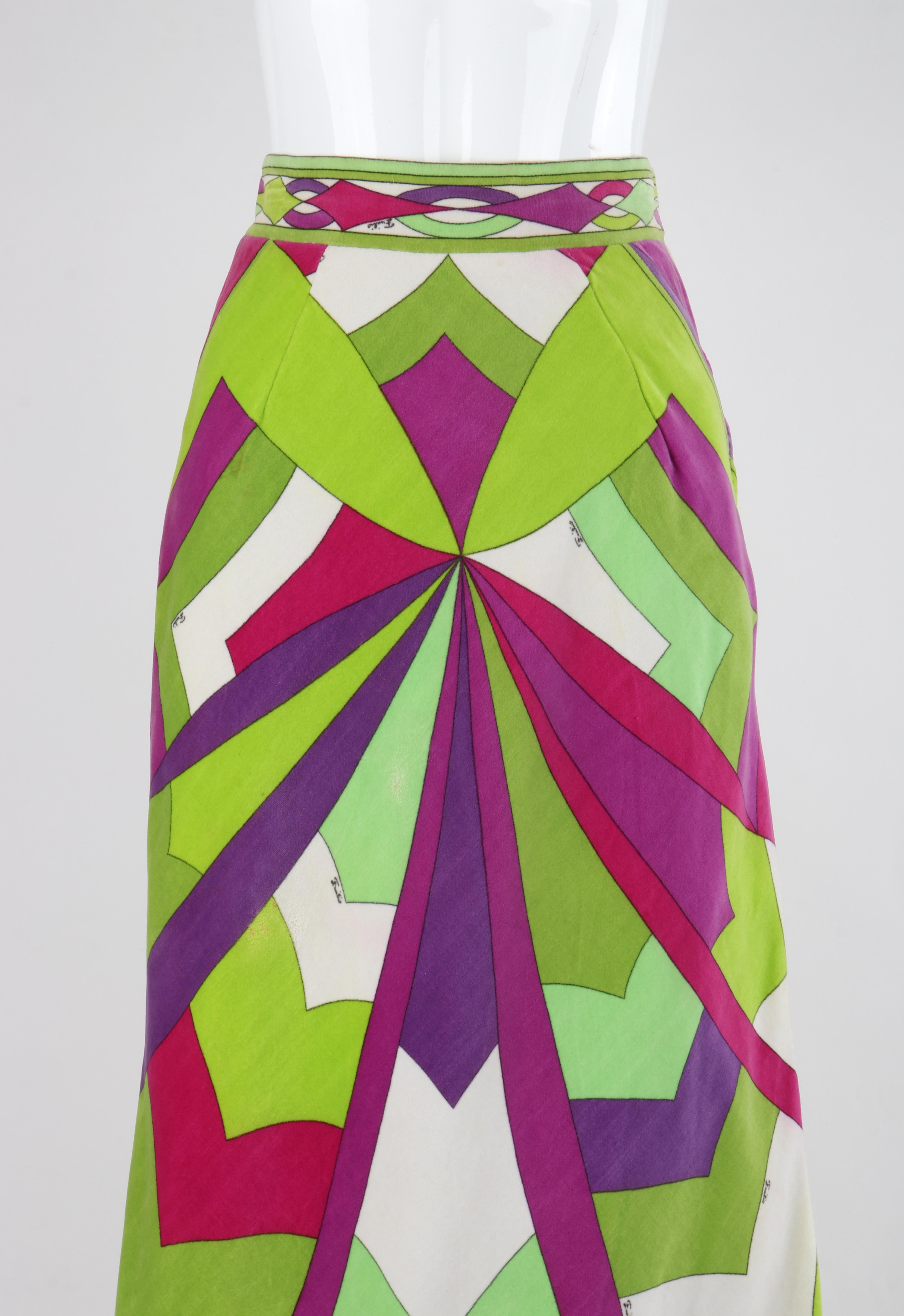 EMILIO PUCCI c.1969 Vtg Multicolor Velvet Abstract Print Scarf Hem Maxi Skirt For Sale 3