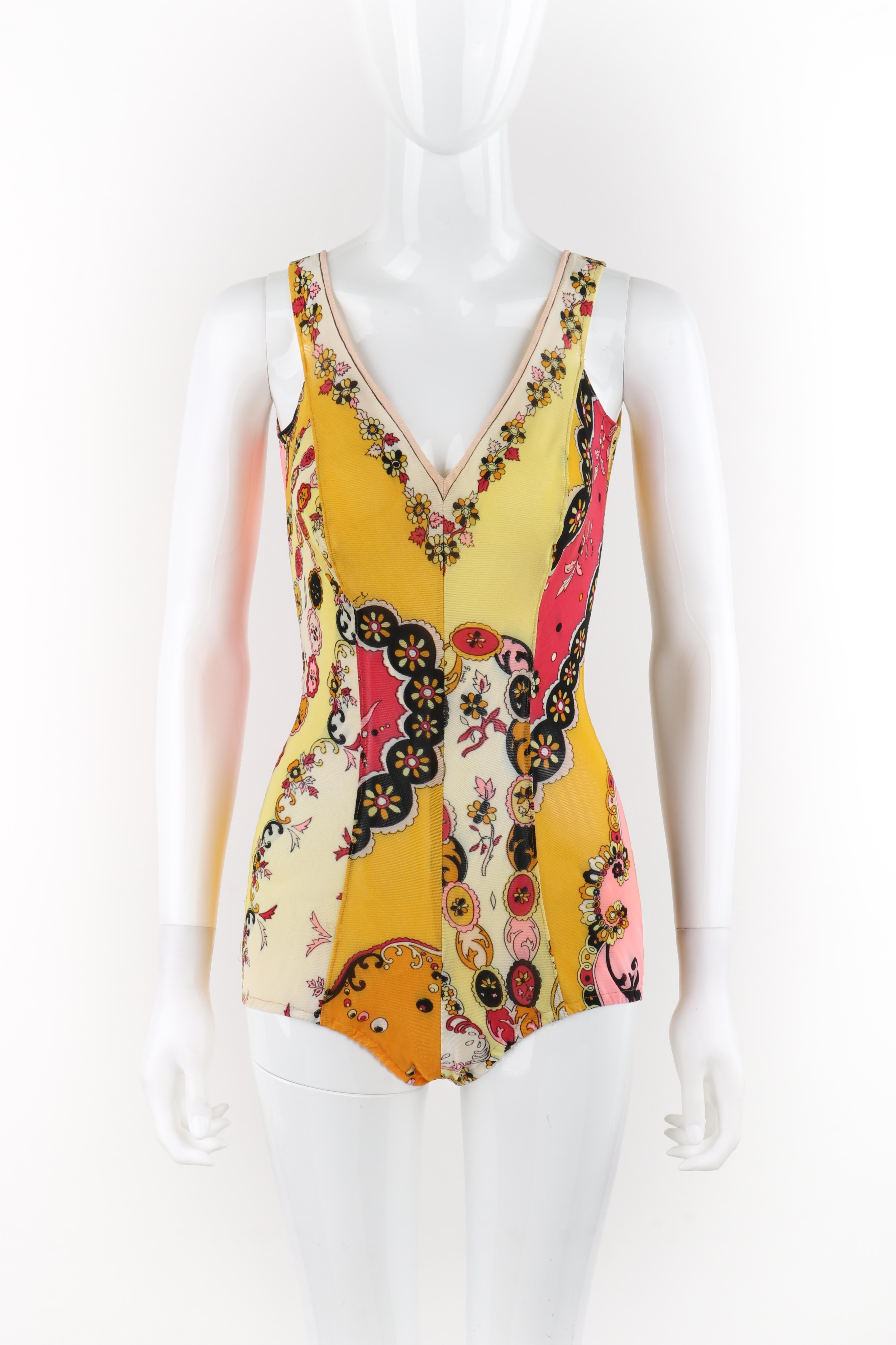 Brand / Manufacturer: Emilio Pucci
Circa: 1969
Designer: Emilio Pucci
Style: One-piece swimsuit
Color(s): Shades of yellow, black, pink, white
Lined: No
Marked Fabric Content: 