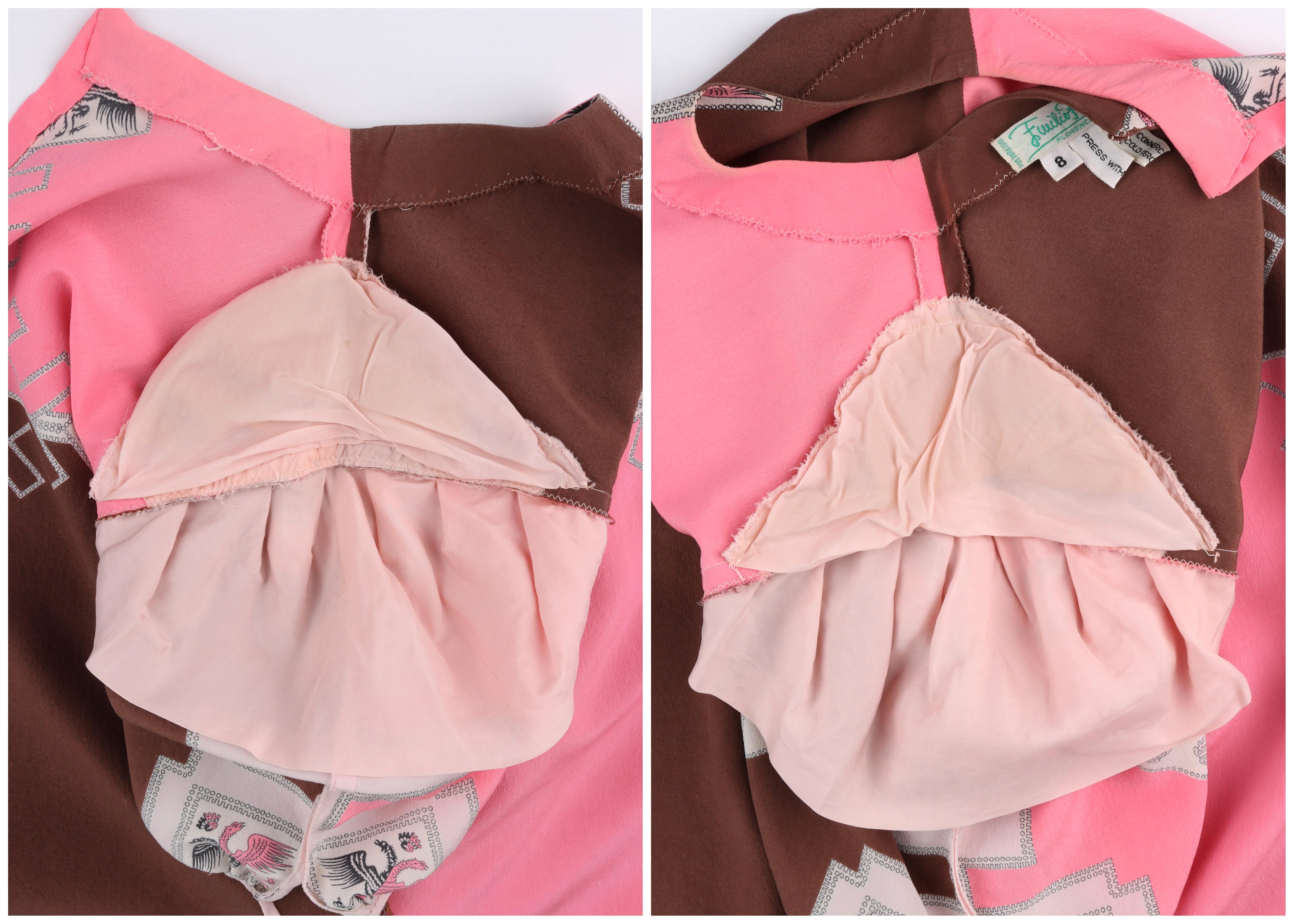 EMILIO PUCCI c.1970 Pink Brown Silk Puff Sleeve Colorblock Blouse For Sale 6