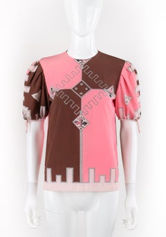 EMILIO PUCCI c.1970 Pink Brown Silk Puff Sleeve Colorblock Blouse