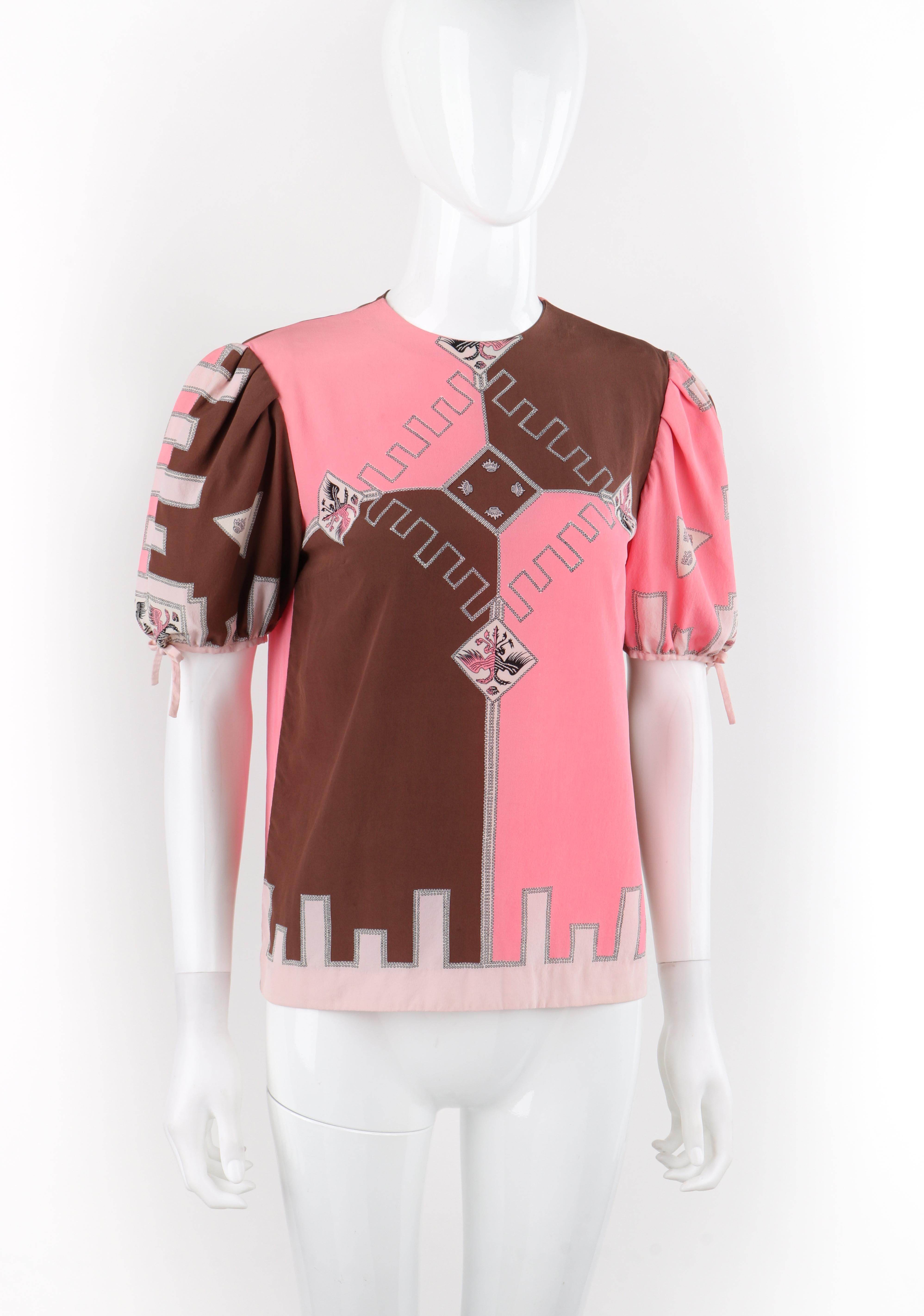 EMILIO PUCCI c.1970 Pink Brown Silk Puff Sleeve Colorblock Blouse In Good Condition For Sale In Thiensville, WI
