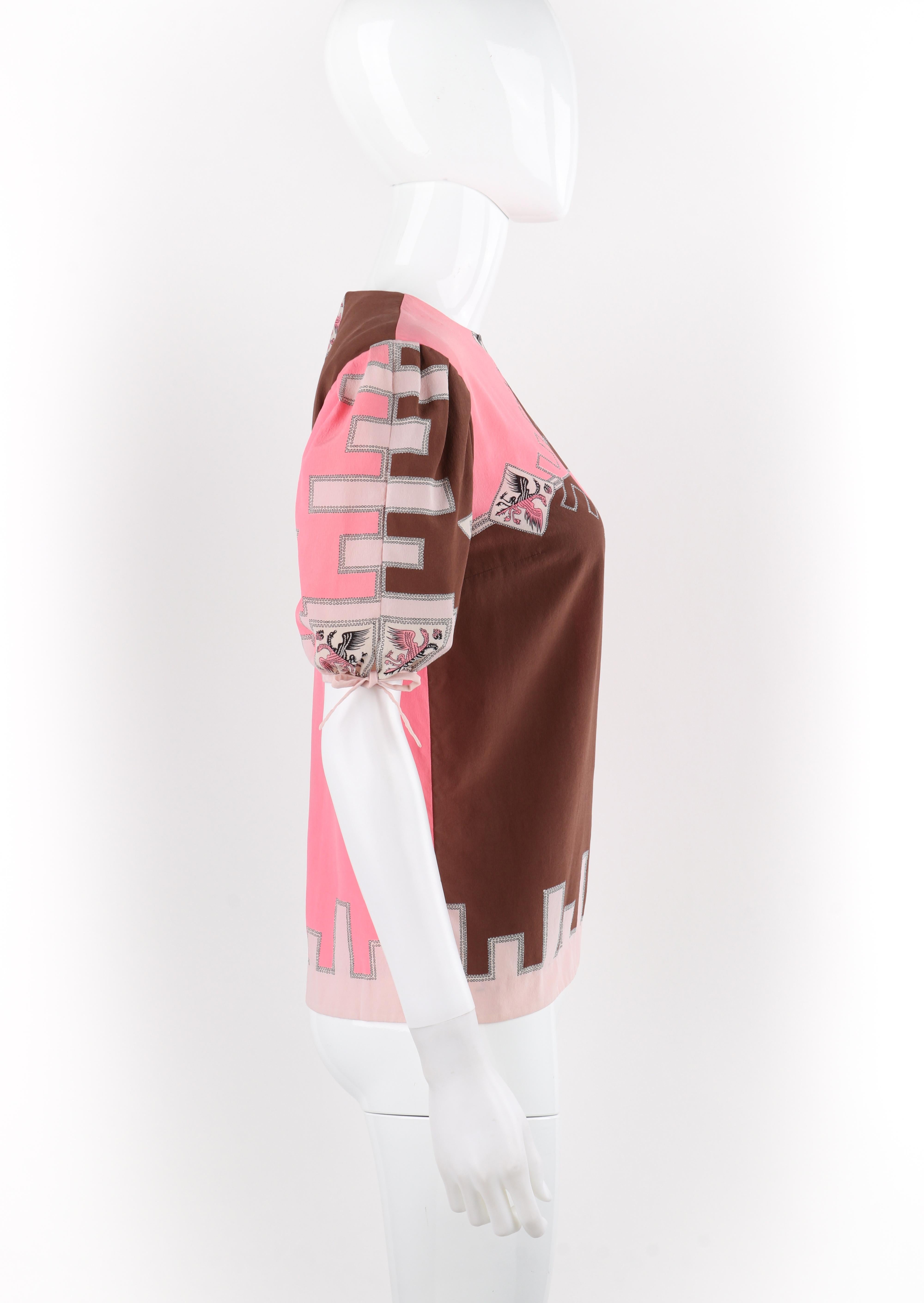 Women's EMILIO PUCCI c.1970 Pink Brown Silk Puff Sleeve Colorblock Blouse For Sale