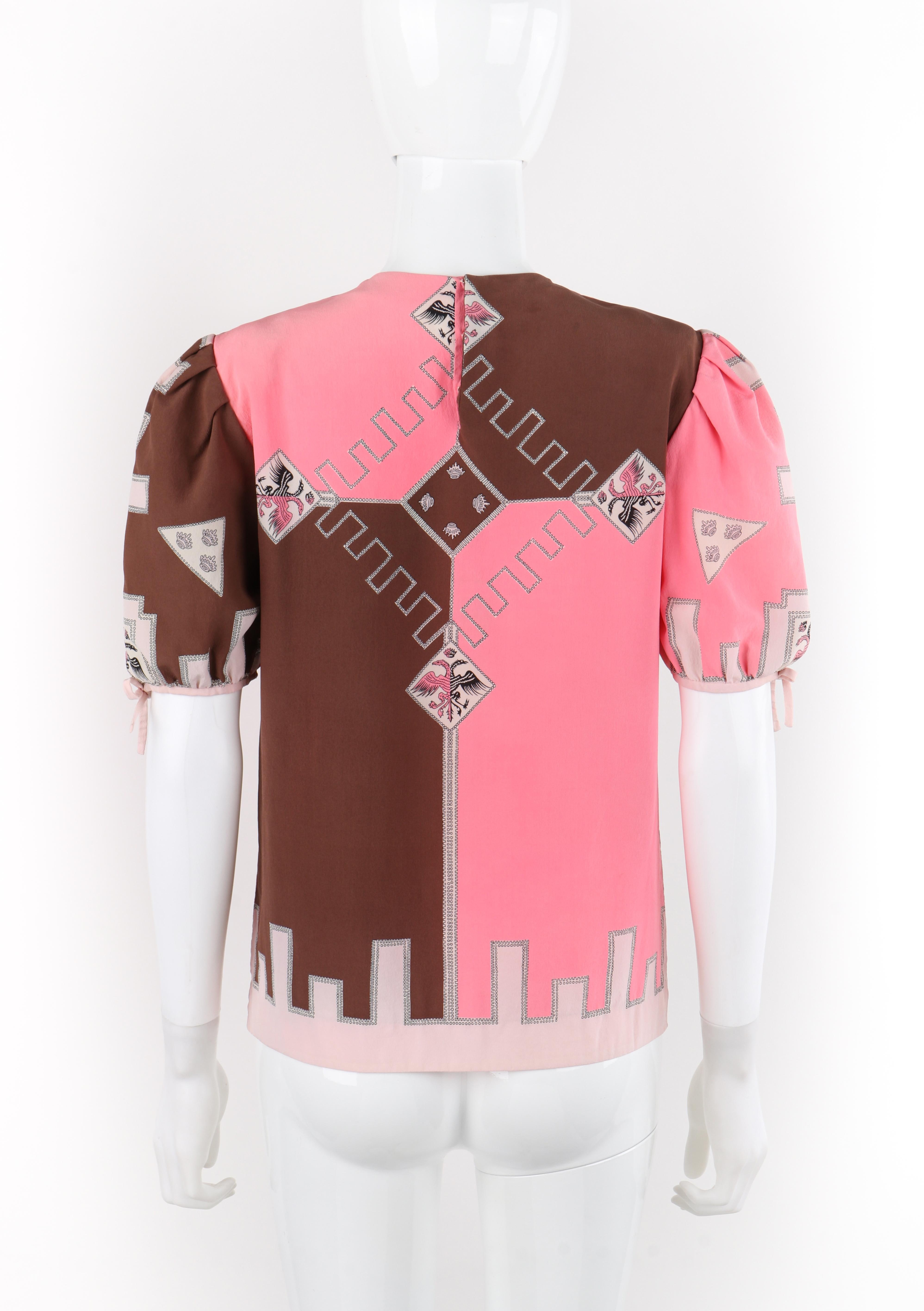 EMILIO PUCCI c.1970 Pink Brown Silk Puff Sleeve Colorblock Blouse For Sale 1