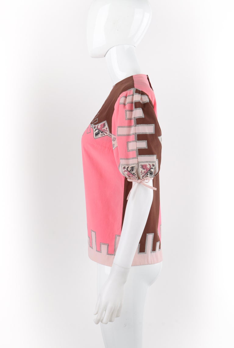 EMILIO PUCCI c.1970 Pink Brown Silk Puff Sleeve Colorblock Blouse For ...