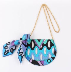 EMILIO PUCCI c.1970's 2 Pc "Vivara" Signature Print Blue Op Art Scarf Purse Set