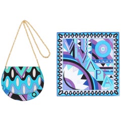 Vintage EMILIO PUCCI c.1970's 2 Pc "Vivara" Signature Print Blue Op Art Scarf Purse Set