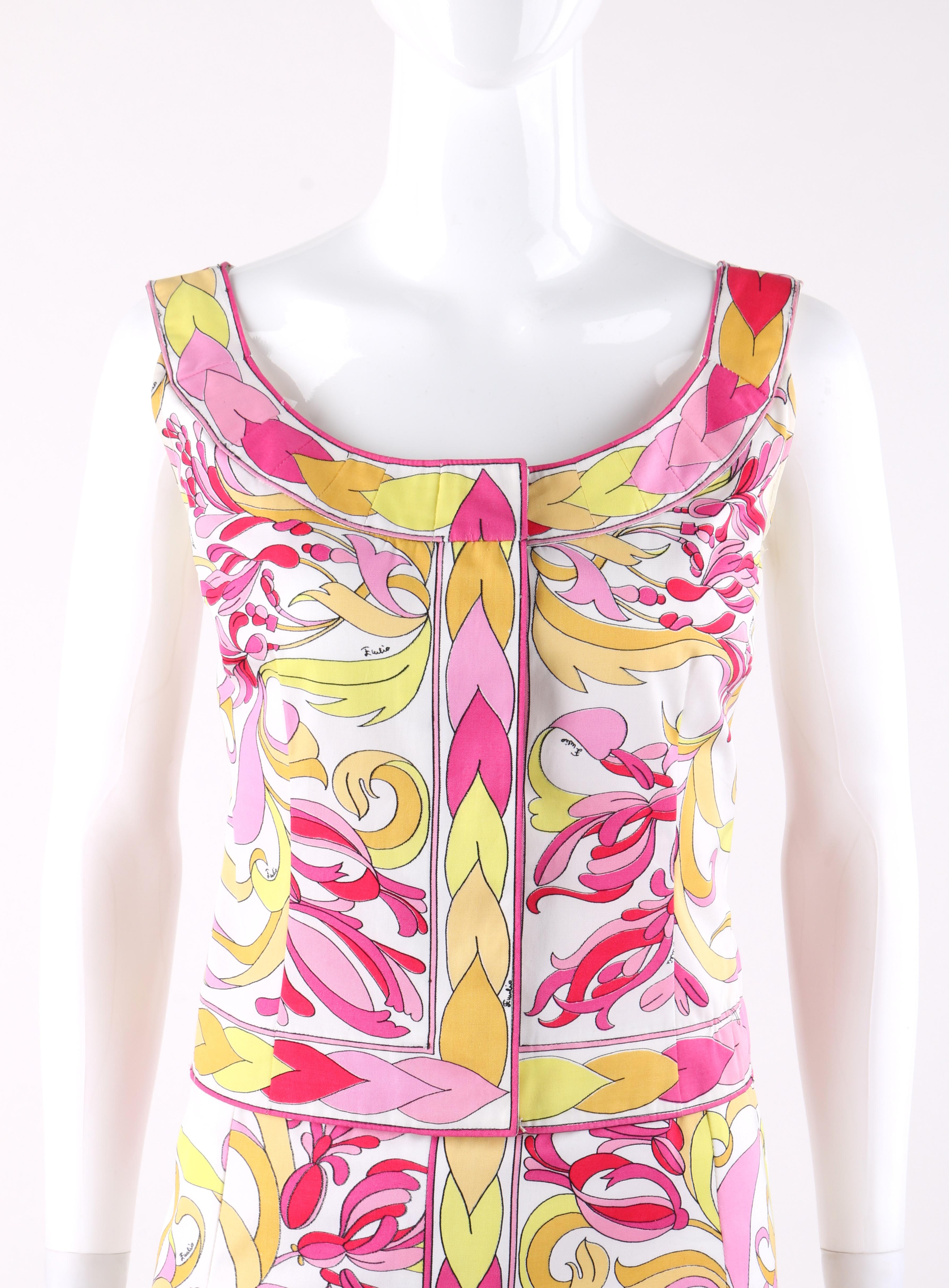 EMILIO PUCCI c.1970’s 2pc Multi-Color Signature Print Top Skirt Dress Set
 
Circa: 1970’s 
Label(s): Emilio Pucci 
Style: Tank top, a-line skirt
Color(s): Shades of pink, orange, yellow, white and black. 
Lined: No
Marked Fabric Content: 100% Cotton