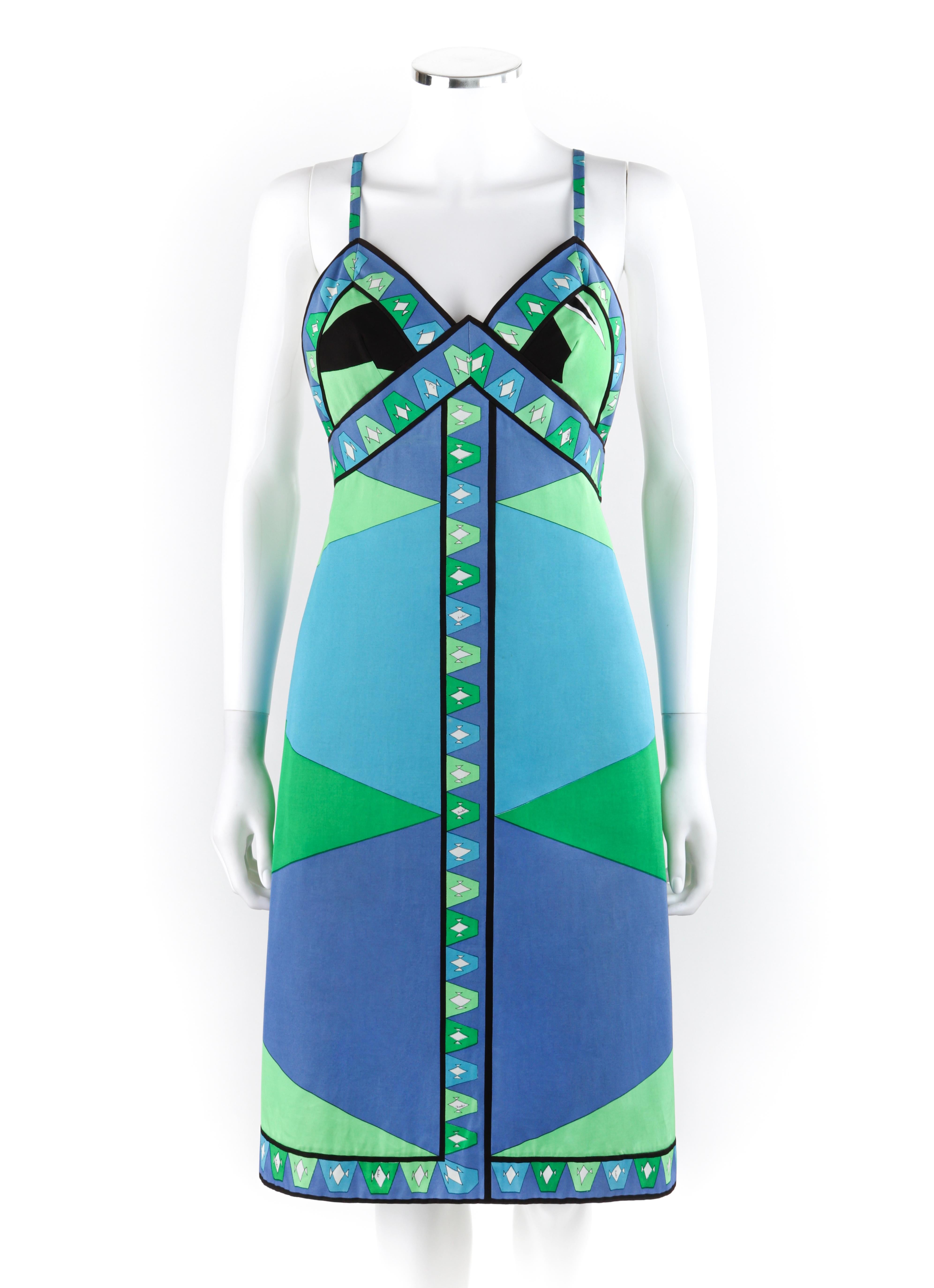 EMILIO PUCCI c.1970s Abstract Geometric Signature Print Spaghetti Strap Sundress
 
Circa: 1970’s
Label(s): Emilio Pucci; Exclusively for Saks Fifth Avenue
Designer: Emilio Pucci
Style: Sundress
Color(s): Shades of blue, green, turquoise, black,