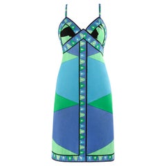 EMILIO PUCCI c.1970s Abstract Geometric Signature Print Spaghetti Strap Sundress