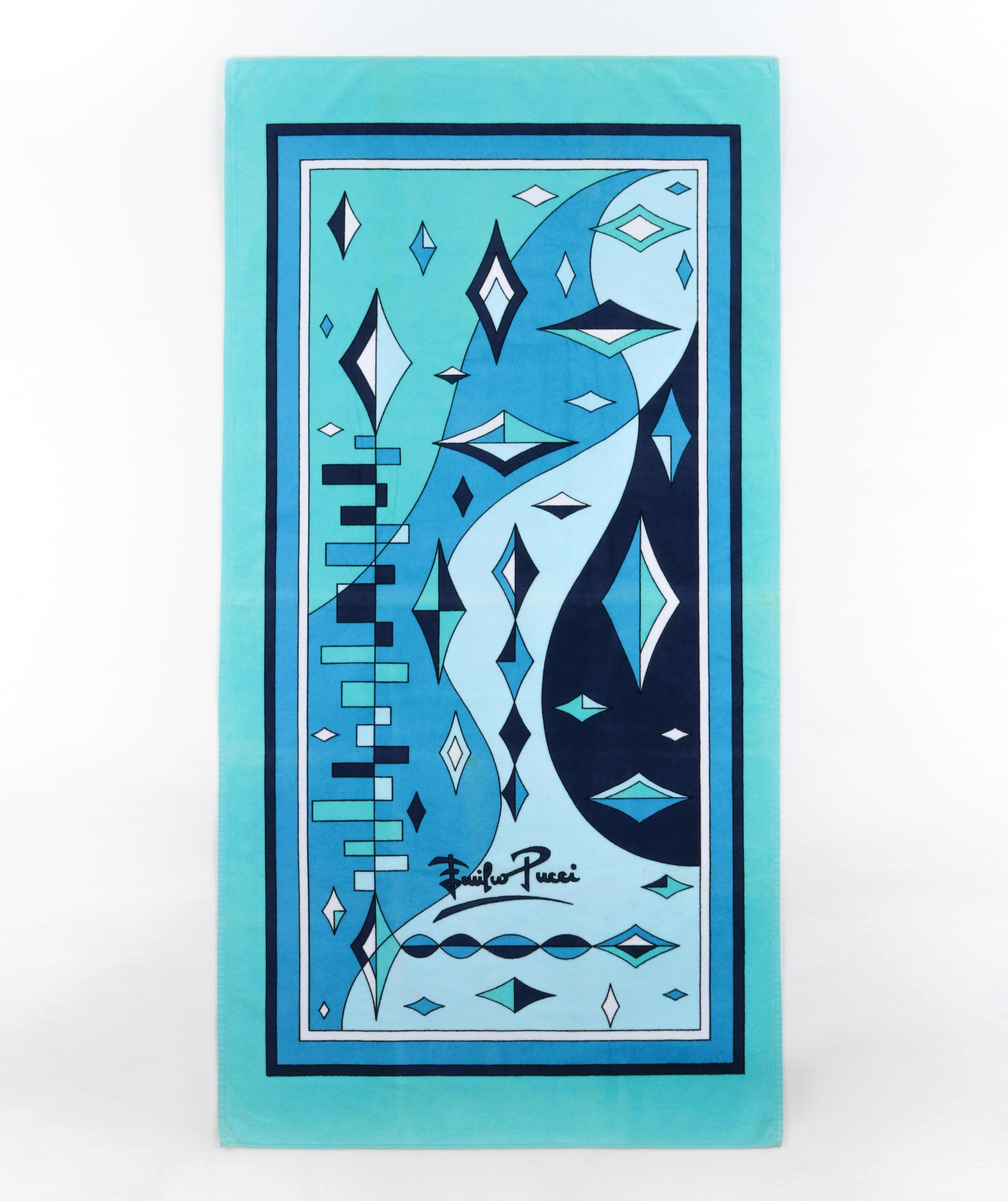 EMILIO PUCCI c.1970’s Aqua Blue Abstract Signature Diamond Print Beach Towel Vtg - RARE

Brand/Manufacturer: Emilio Pucci
Style: Beach Towel
Color(s): Shades of blue, aqua, teal, and white
Lined: No
Marked Fabric Content: “100% Baumwolle