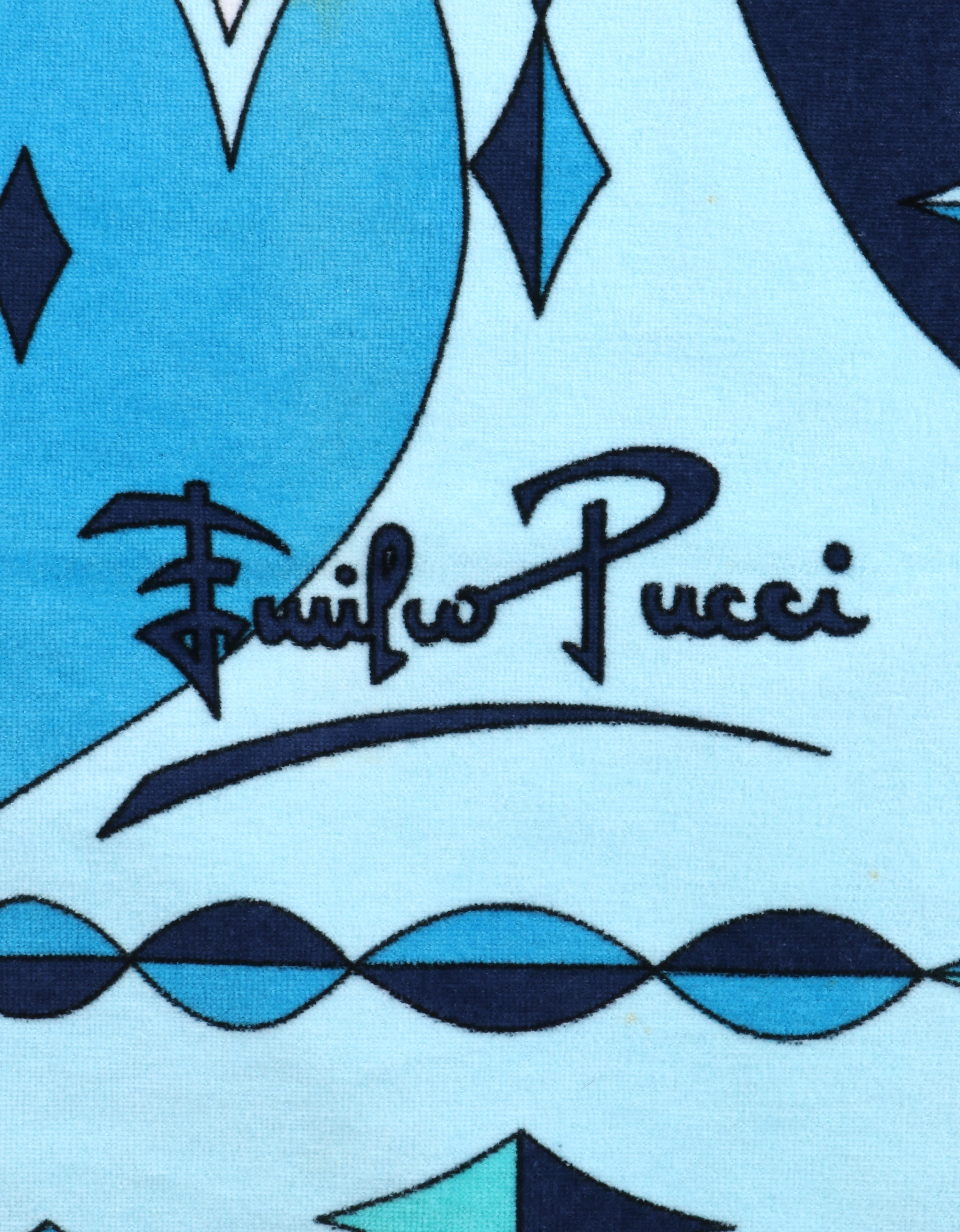 EMILIO PUCCI c.1970’s Aqua Blue Abstract Signature Diamond Print Beach Towel Vtg 1