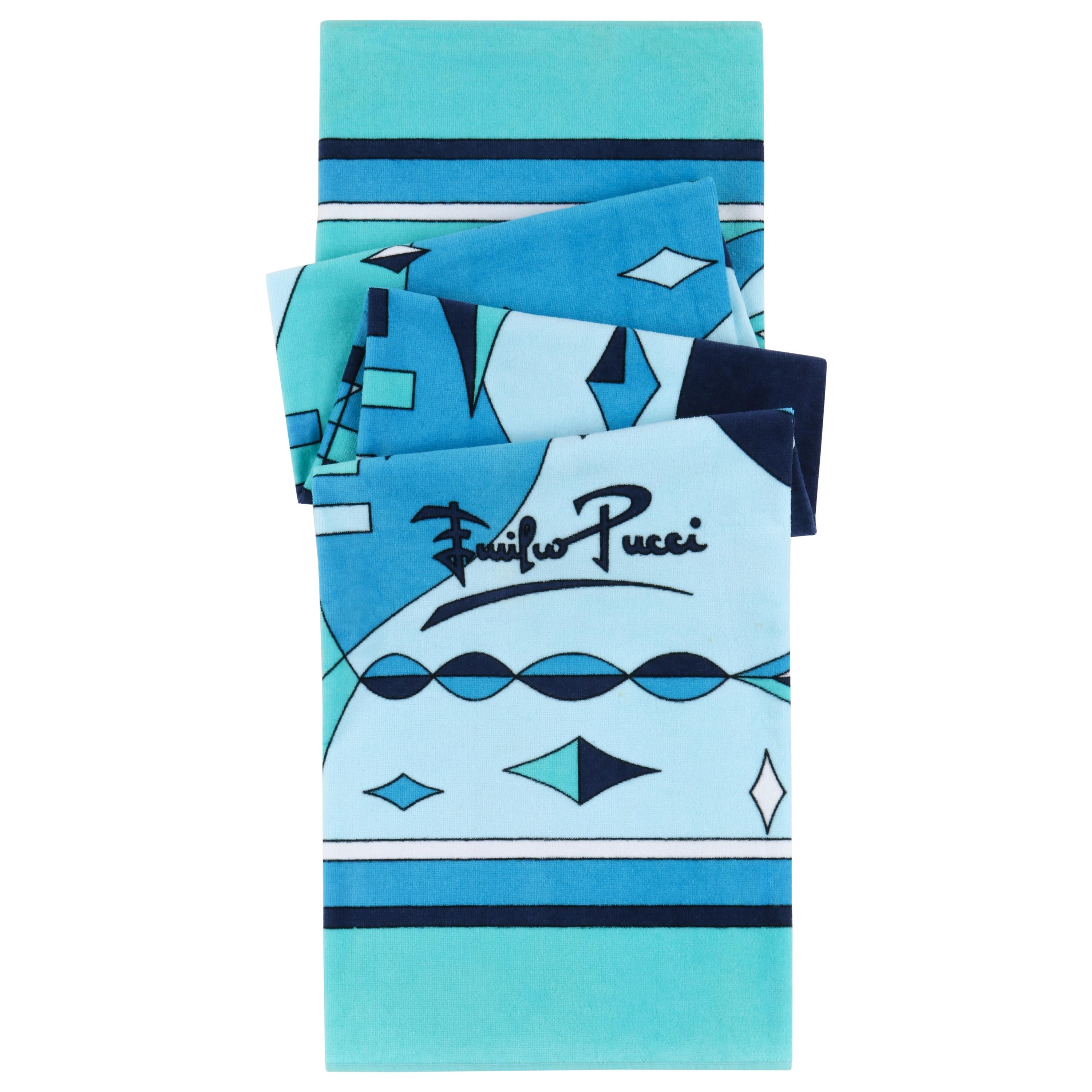 EMILIO PUCCI c.1970’s Aqua Blue Abstract Signature Diamond Print Beach Towel Vtg