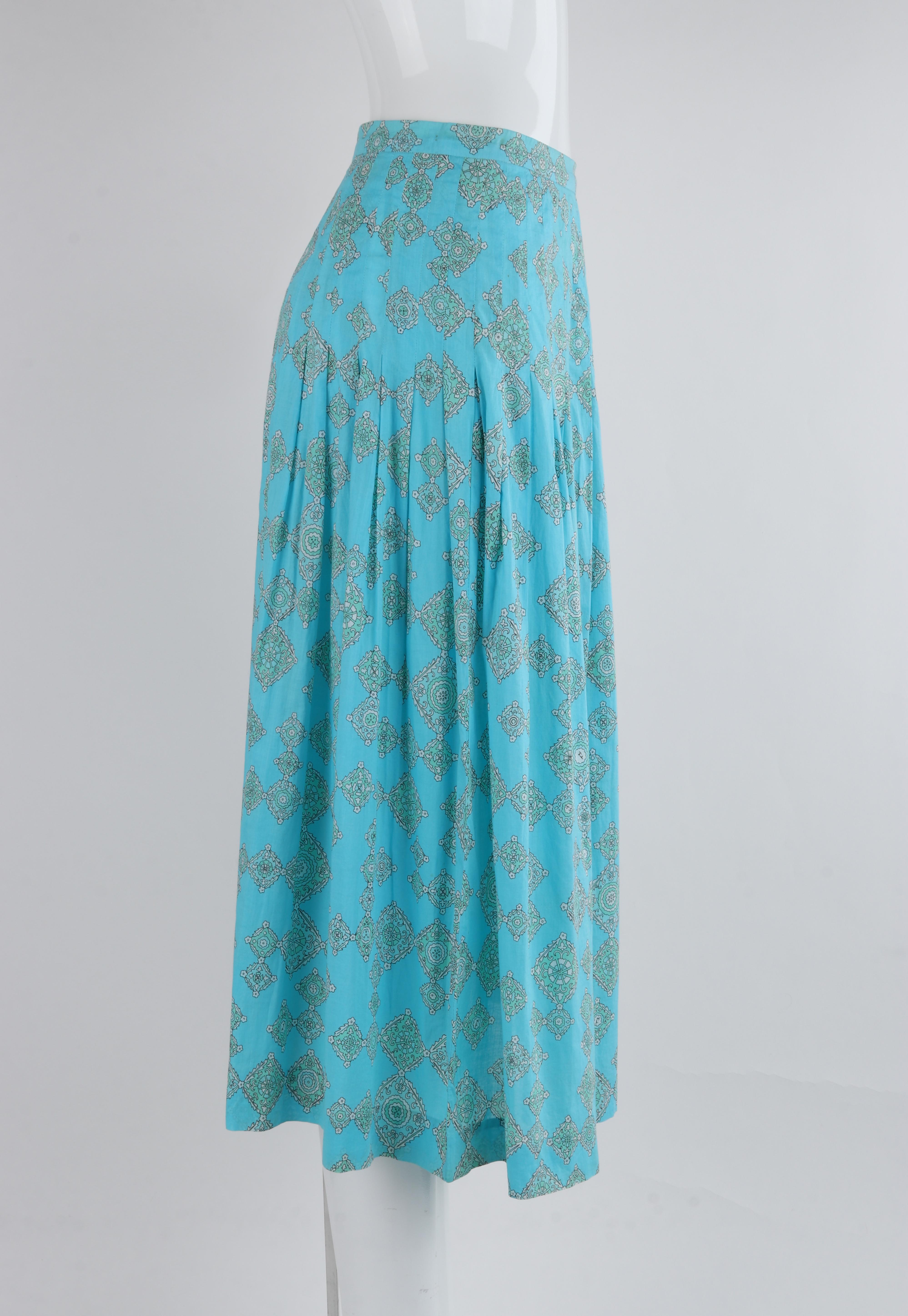 EMILIO PUCCI c.1970's Aqua Teal Printed Cotton Shirt & Pleated Skirt Dress Set For Sale 5