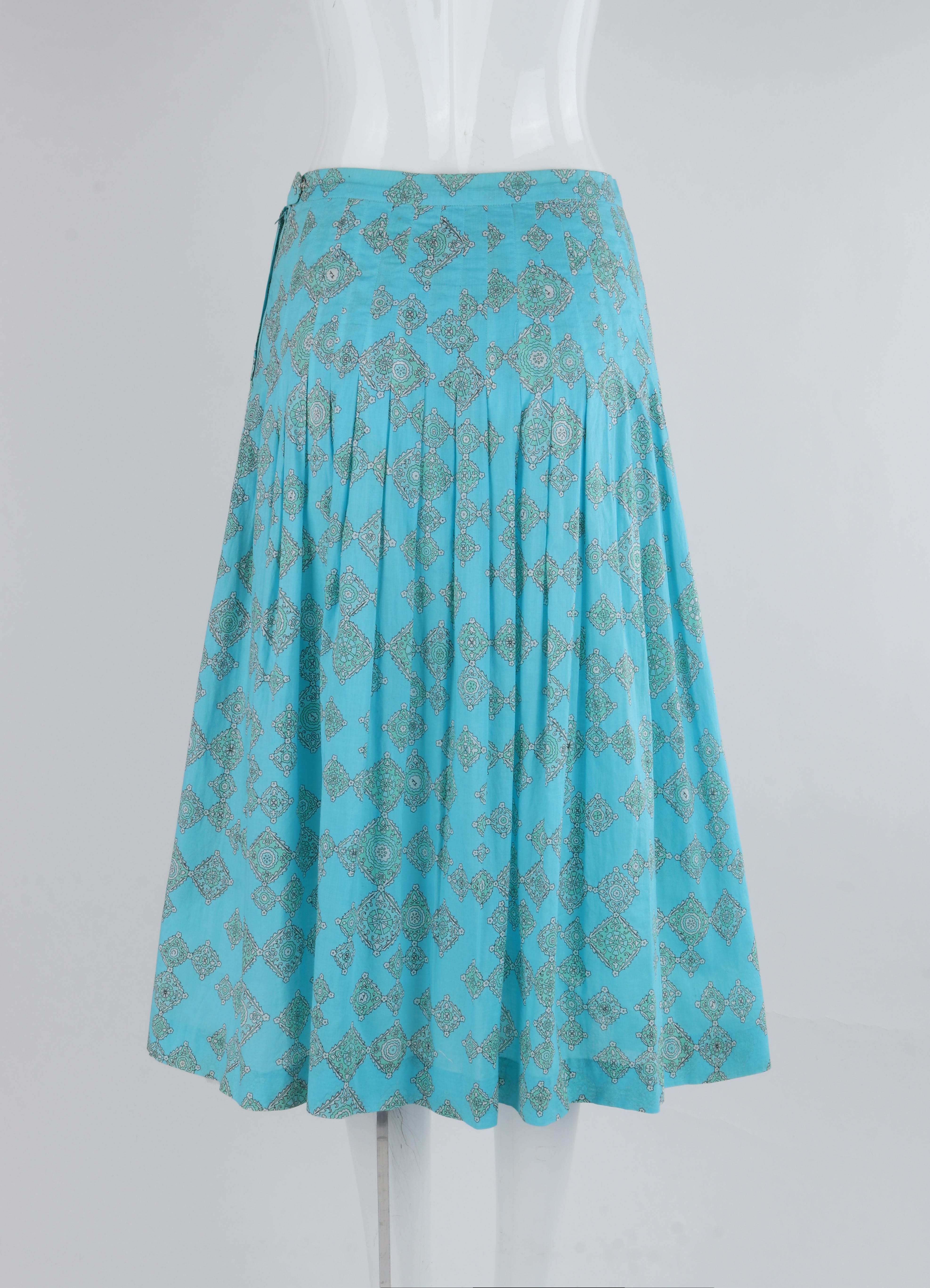 EMILIO PUCCI c.1970's Aqua Teal Printed Cotton Shirt & Pleated Skirt Dress Set For Sale 6