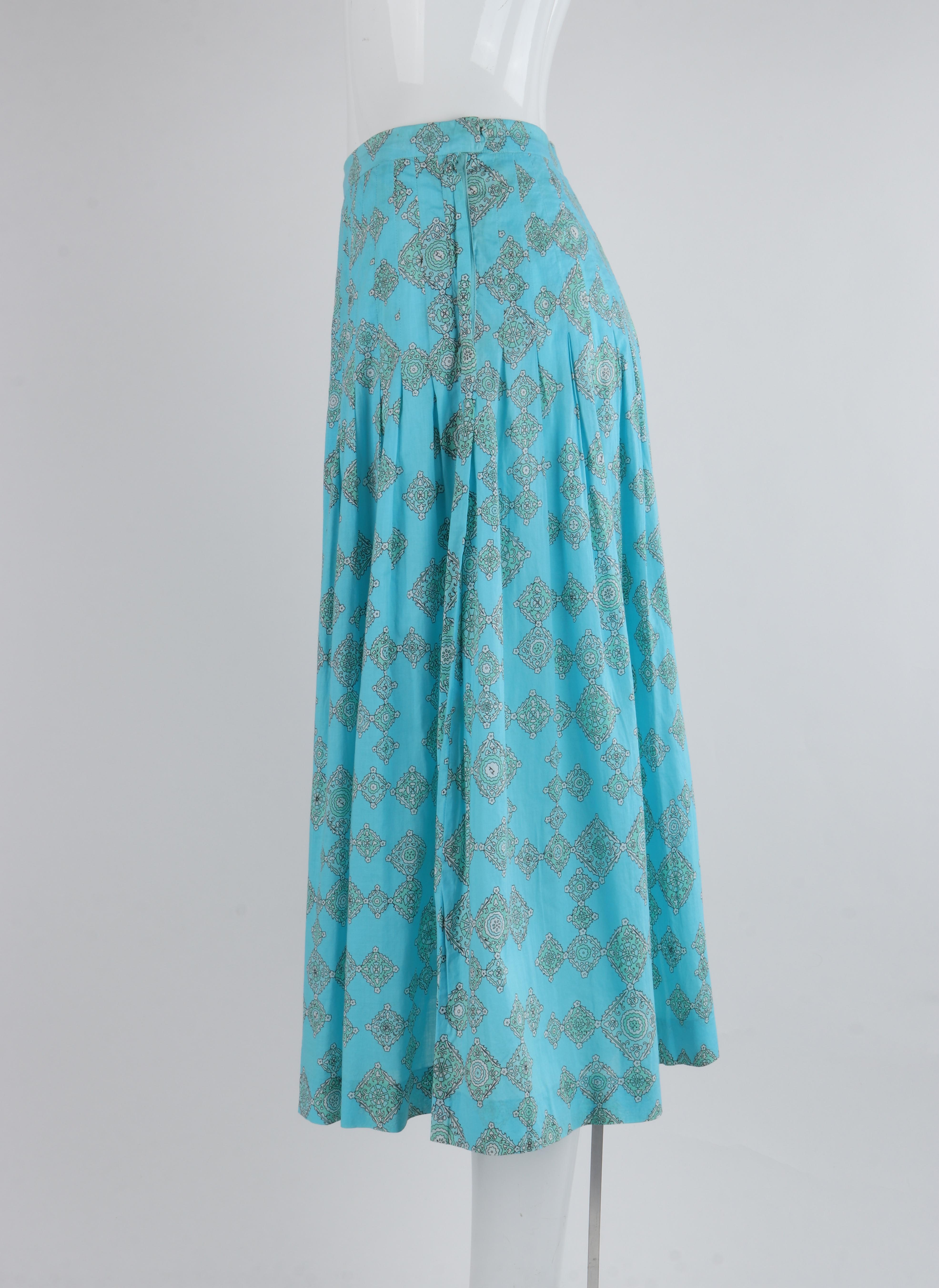 EMILIO PUCCI c.1970's Aqua Teal Printed Cotton Shirt & Pleated Skirt Dress Set For Sale 7