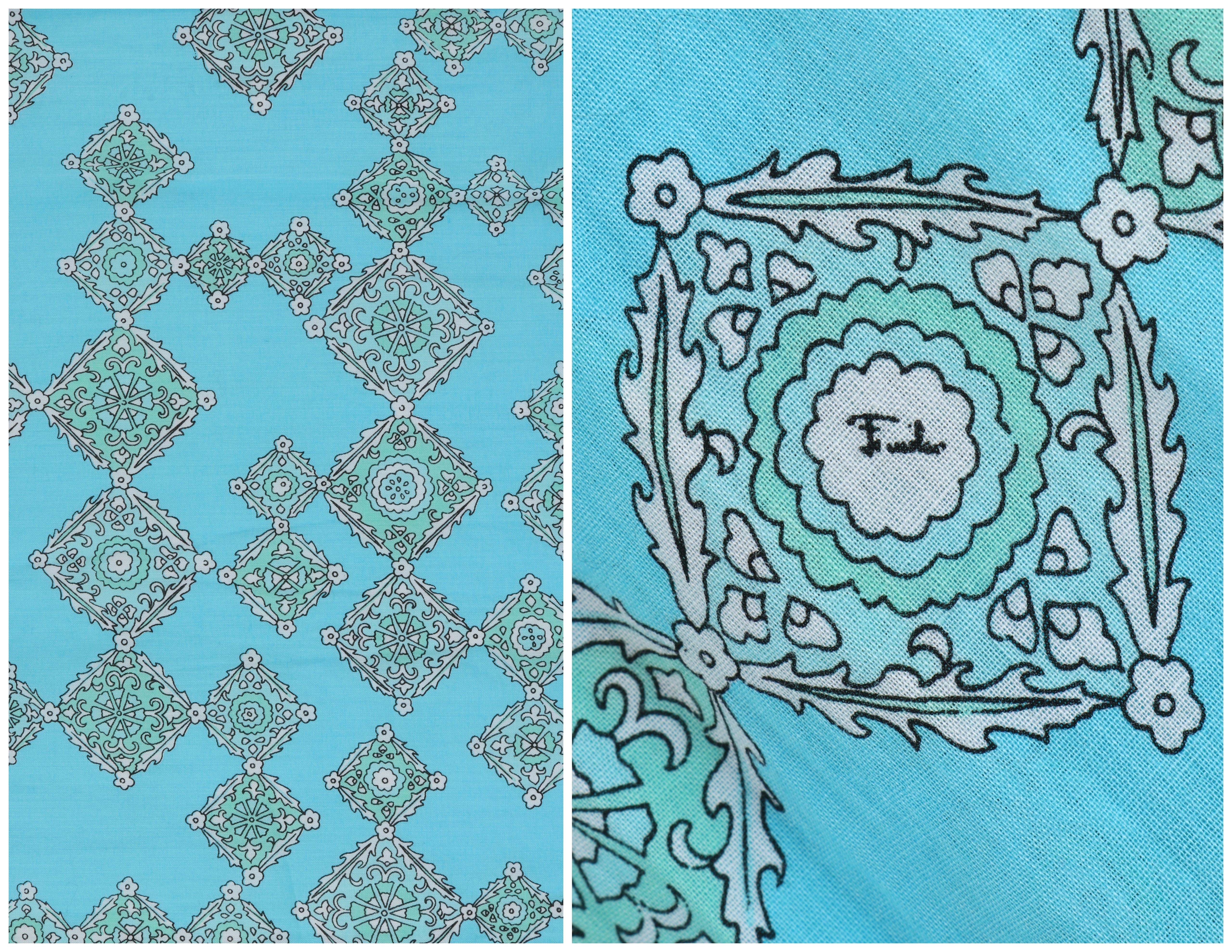 EMILIO PUCCI c.1970's Aqua Teal Printed Cotton Shirt & Pleated Skirt Dress Set For Sale 8