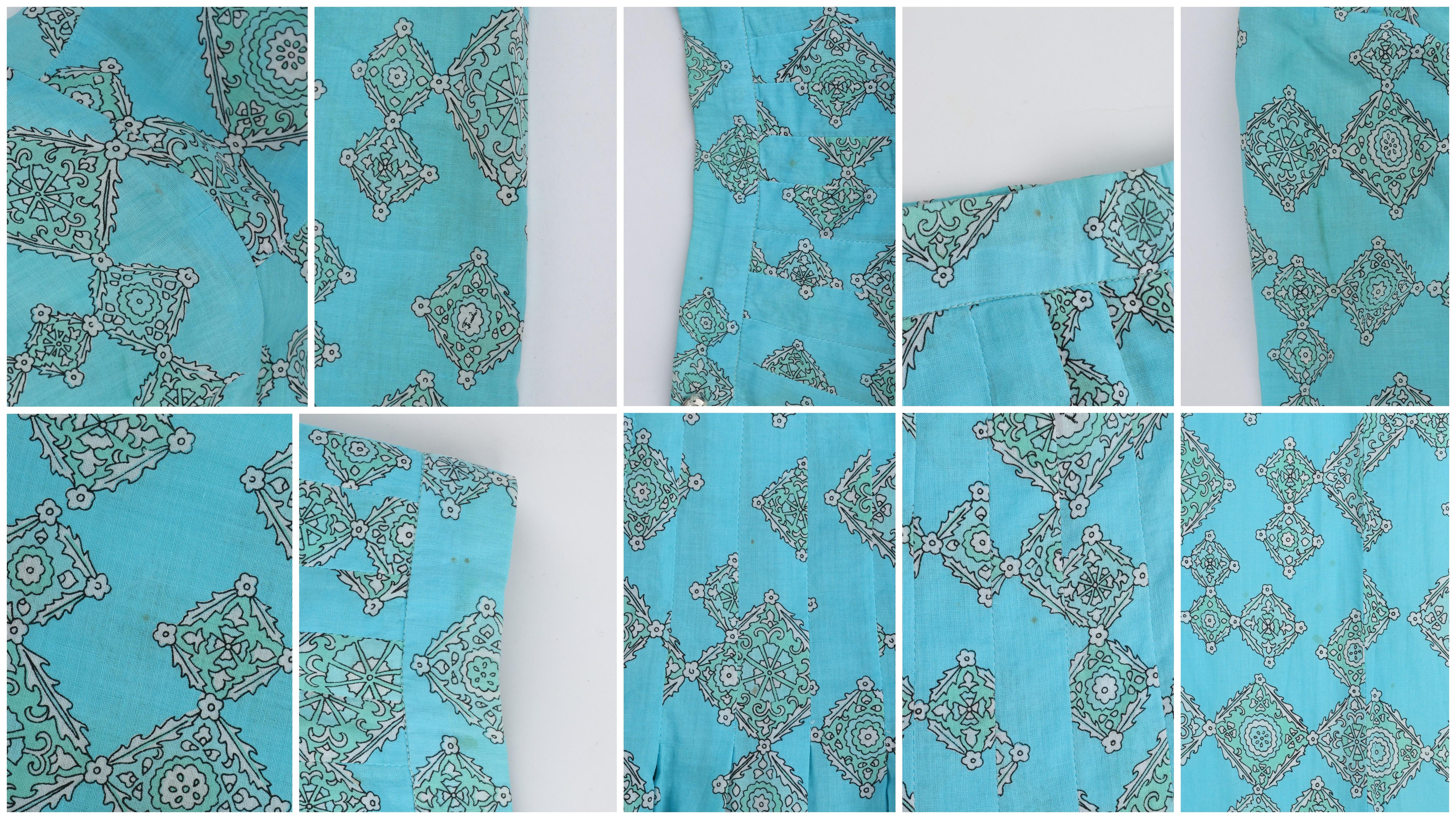 EMILIO PUCCI c.1970's Aqua Teal Printed Cotton Shirt & Pleated Skirt Dress Set For Sale 10