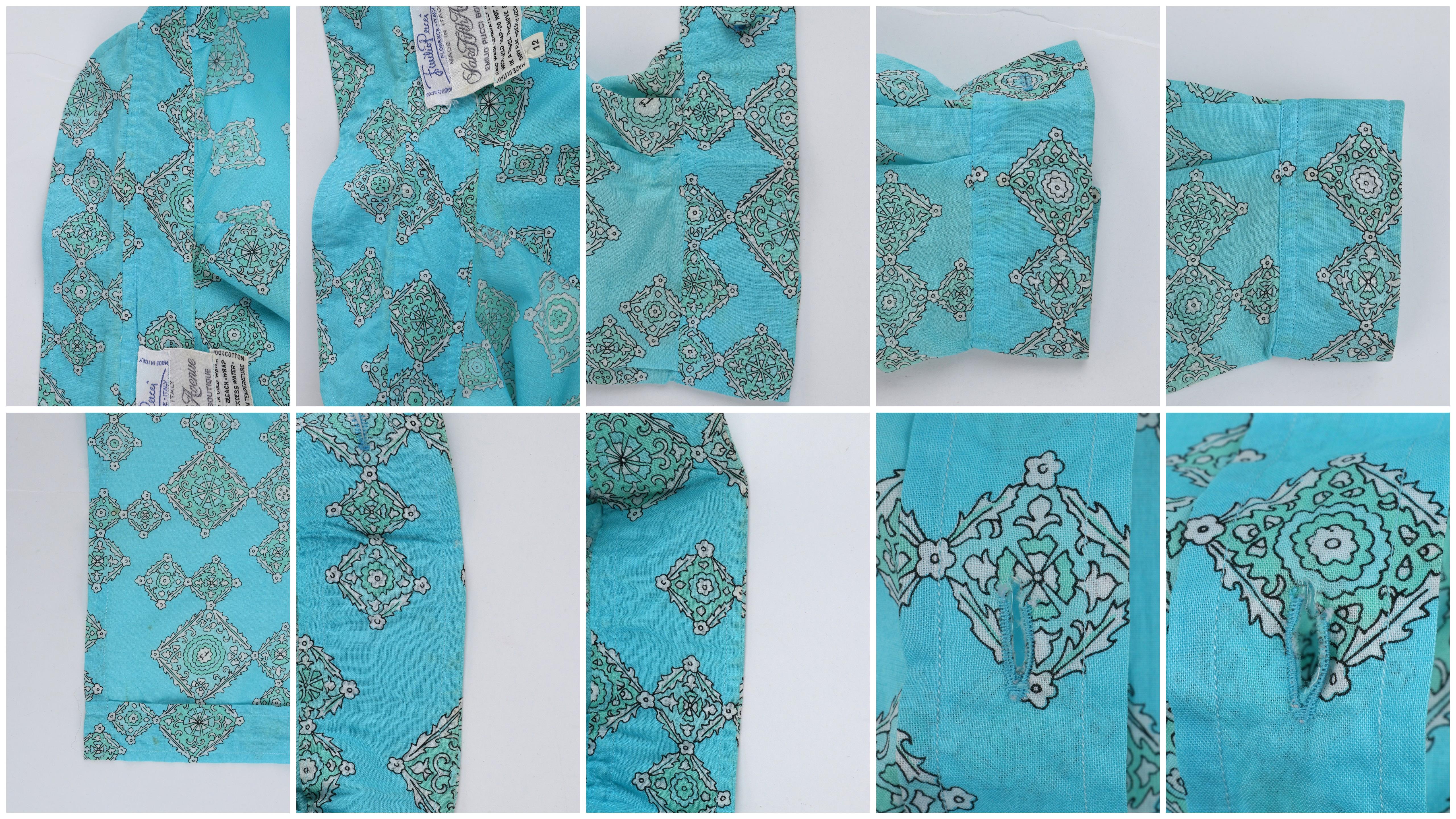 EMILIO PUCCI c.1970's Aqua Teal Printed Cotton Shirt & Pleated Skirt Dress Set For Sale 11