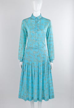 EMILIO PUCCI c.1970's Aqua Teal Printed Cotton Shirt & Pleated Skirt Dress Set