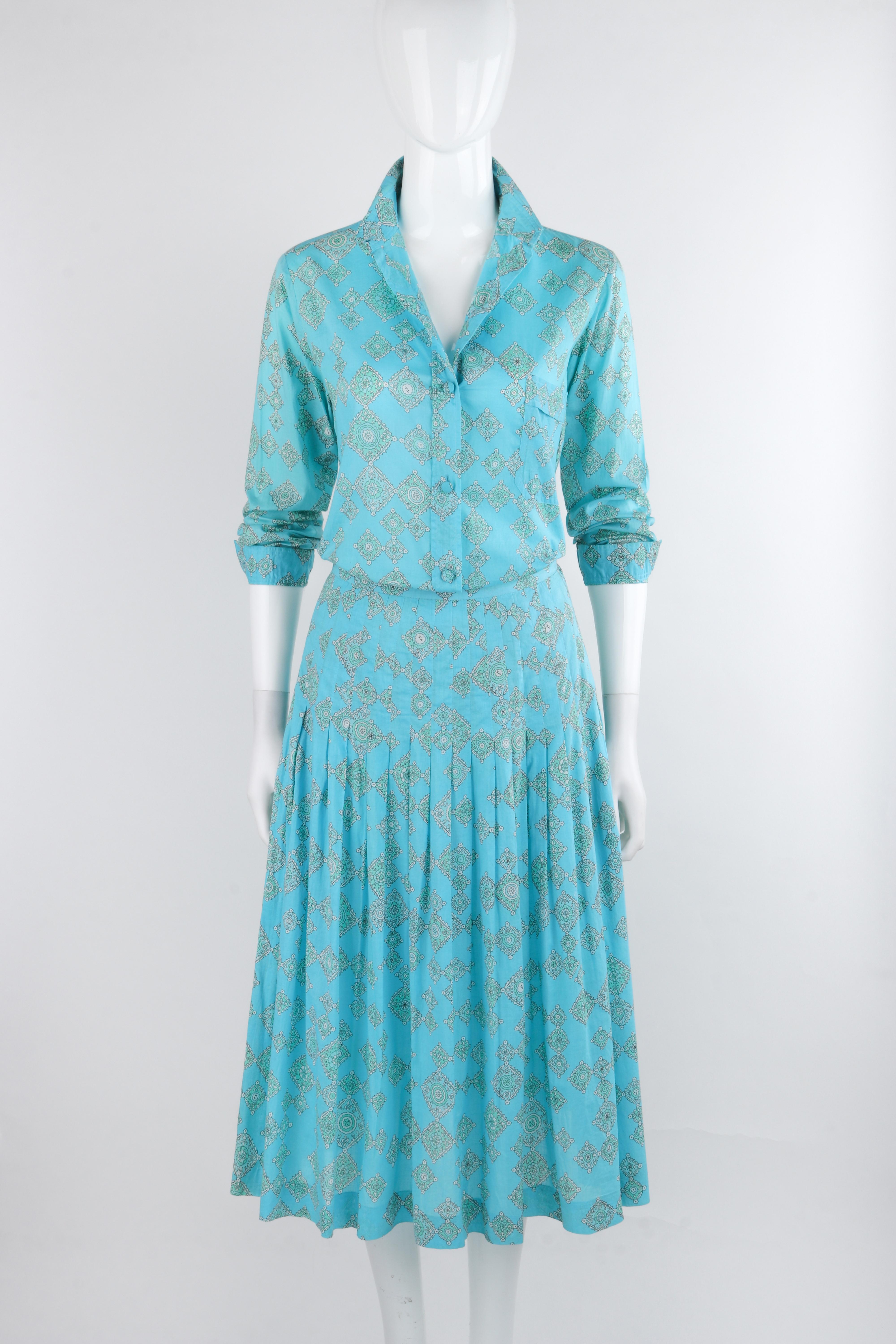 Blue EMILIO PUCCI c.1970's Aqua Teal Printed Cotton Shirt & Pleated Skirt Dress Set For Sale