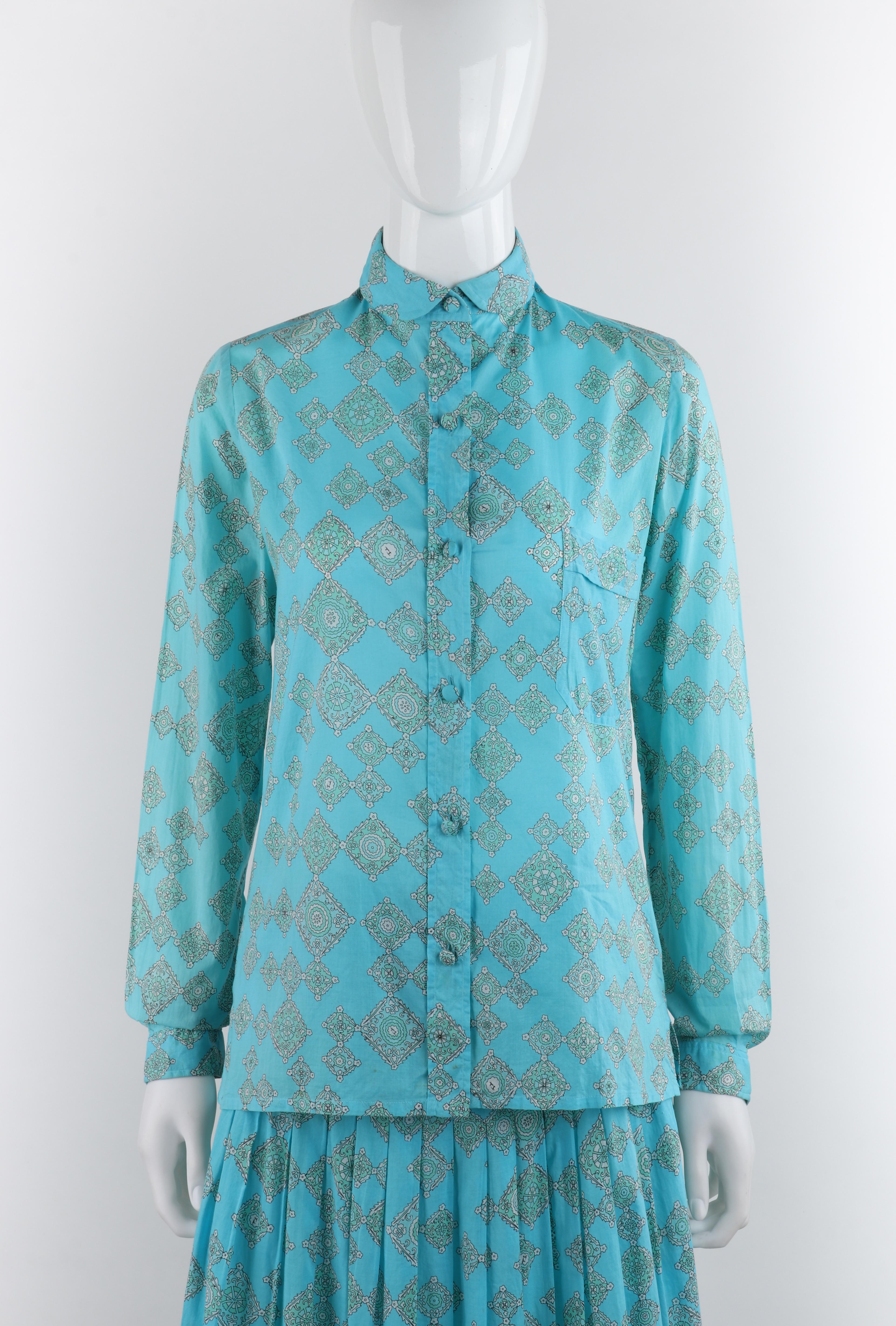 EMILIO PUCCI c.1970's Aqua Teal Printed Cotton Shirt & Pleated Skirt Dress Set In Good Condition For Sale In Thiensville, WI