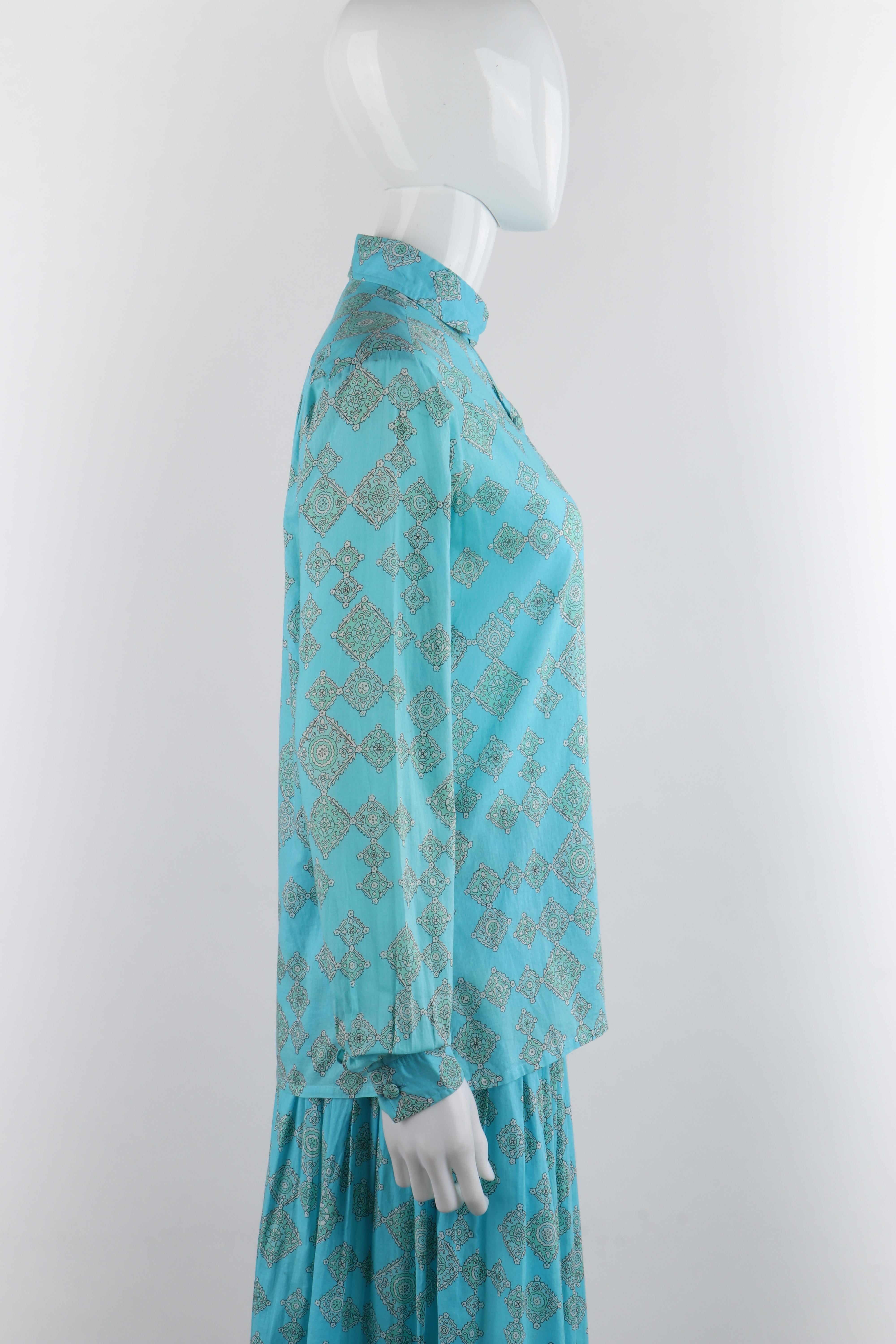 Women's EMILIO PUCCI c.1970's Aqua Teal Printed Cotton Shirt & Pleated Skirt Dress Set For Sale