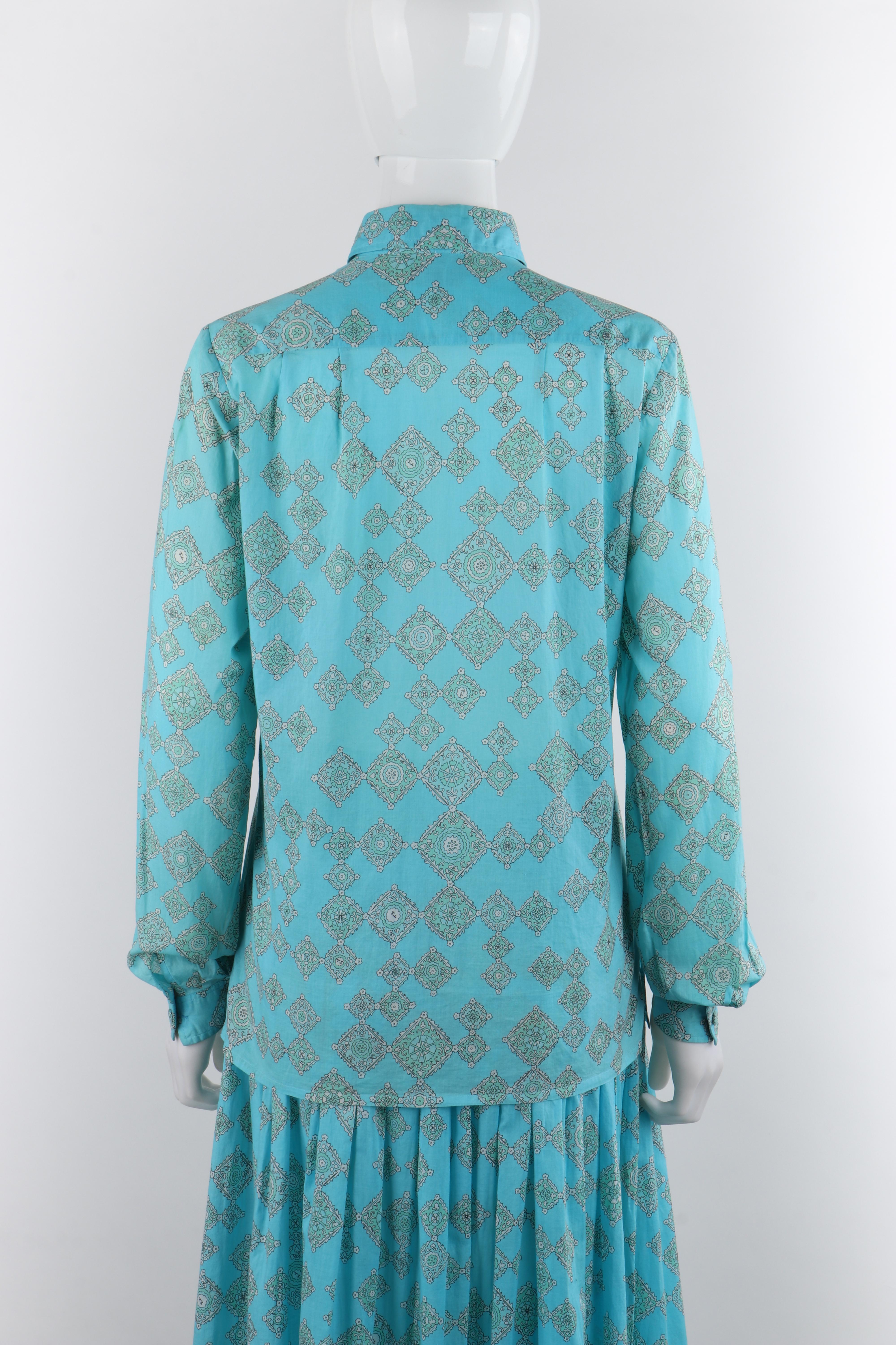 EMILIO PUCCI c.1970's Aqua Teal Printed Cotton Shirt & Pleated Skirt Dress Set For Sale 1