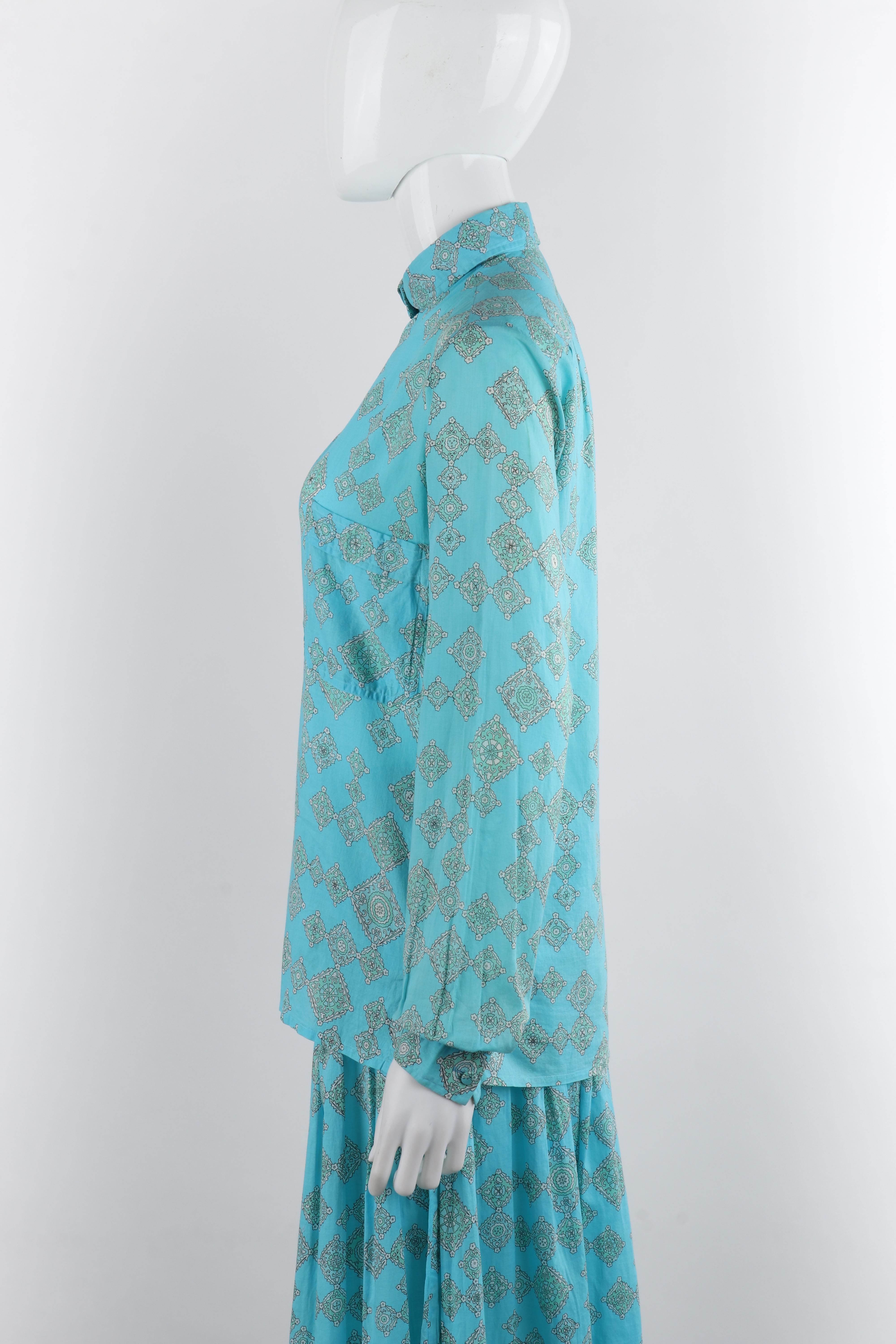 EMILIO PUCCI c.1970's Aqua Teal Printed Cotton Shirt & Pleated Skirt Dress Set For Sale 2