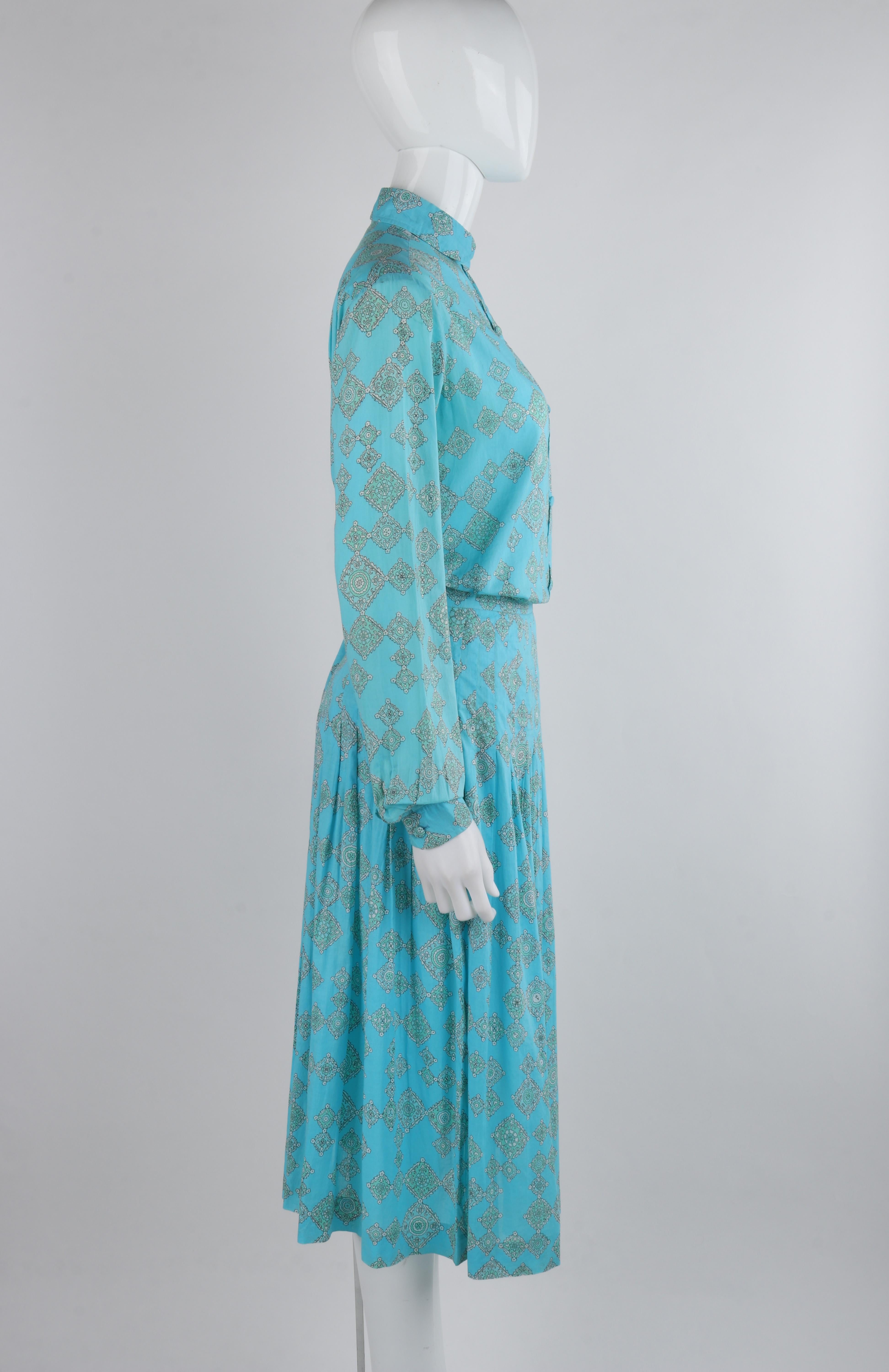 EMILIO PUCCI c.1970's Aqua Teal Printed Cotton Shirt & Pleated Skirt Dress Set For Sale 3
