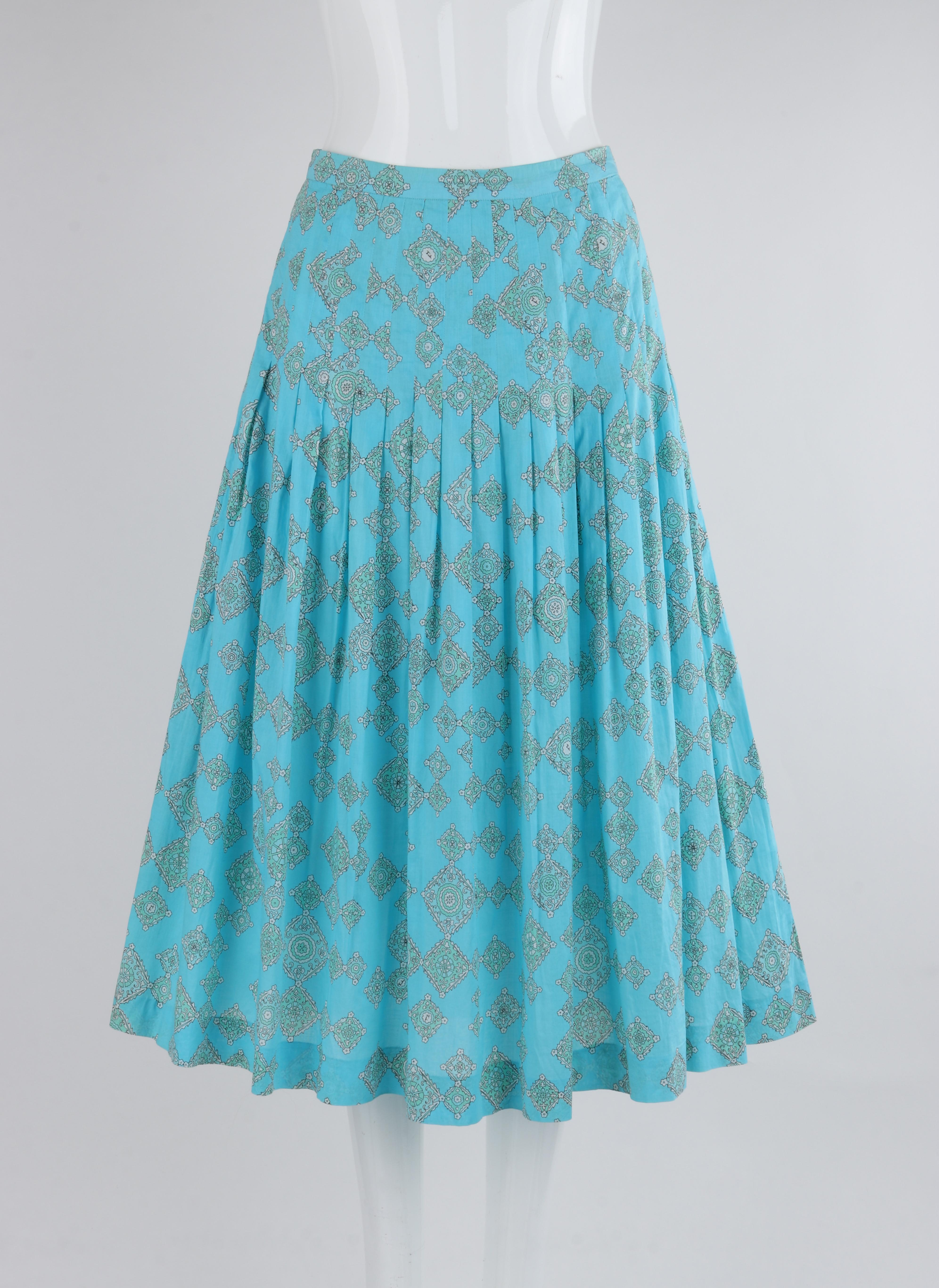 EMILIO PUCCI c.1970's Aqua Teal Printed Cotton Shirt & Pleated Skirt Dress Set For Sale 4