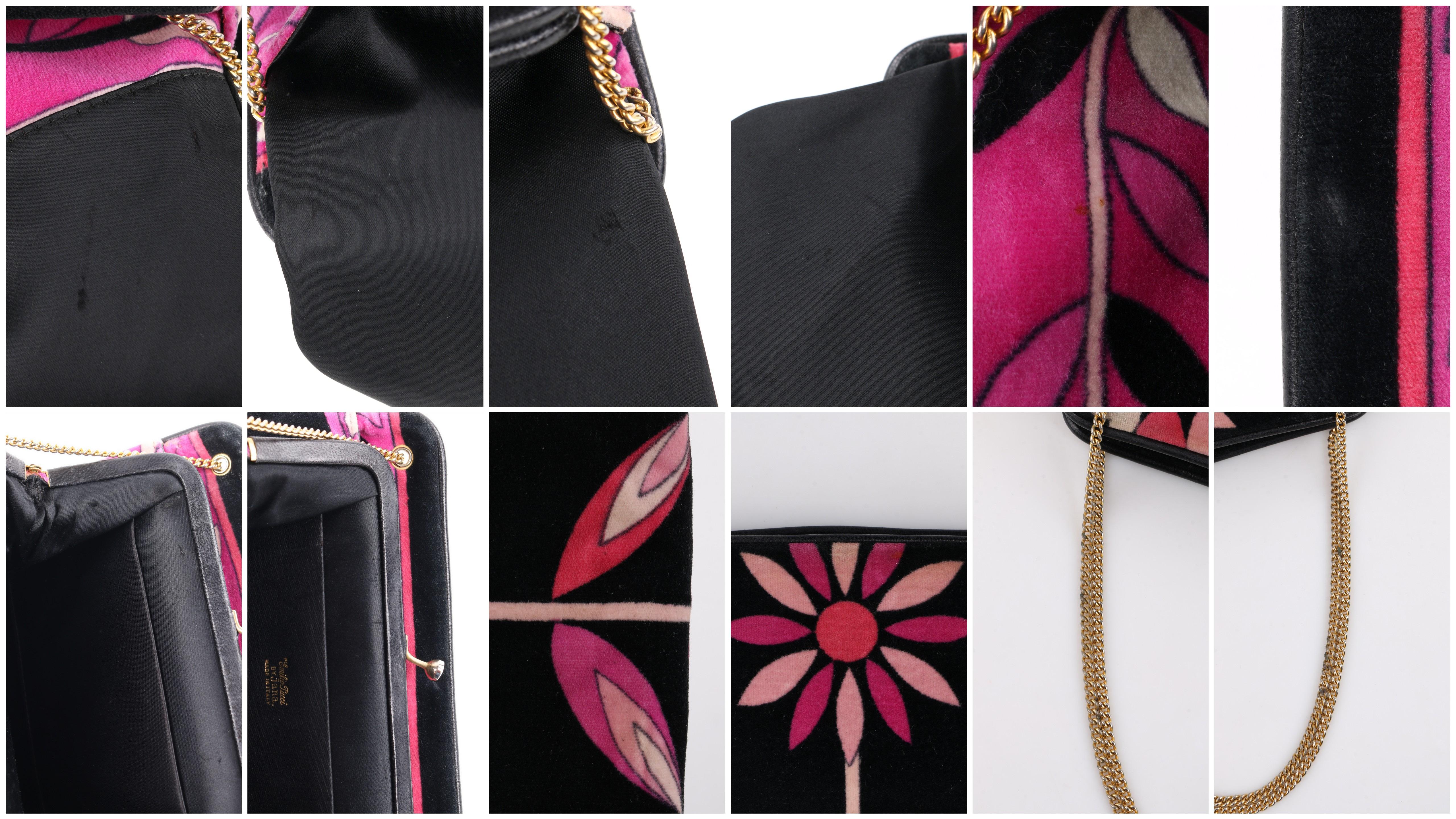 EMILIO PUCCI c.1970's Black Pink & Floral Signature Print Velvet Handbag 7
