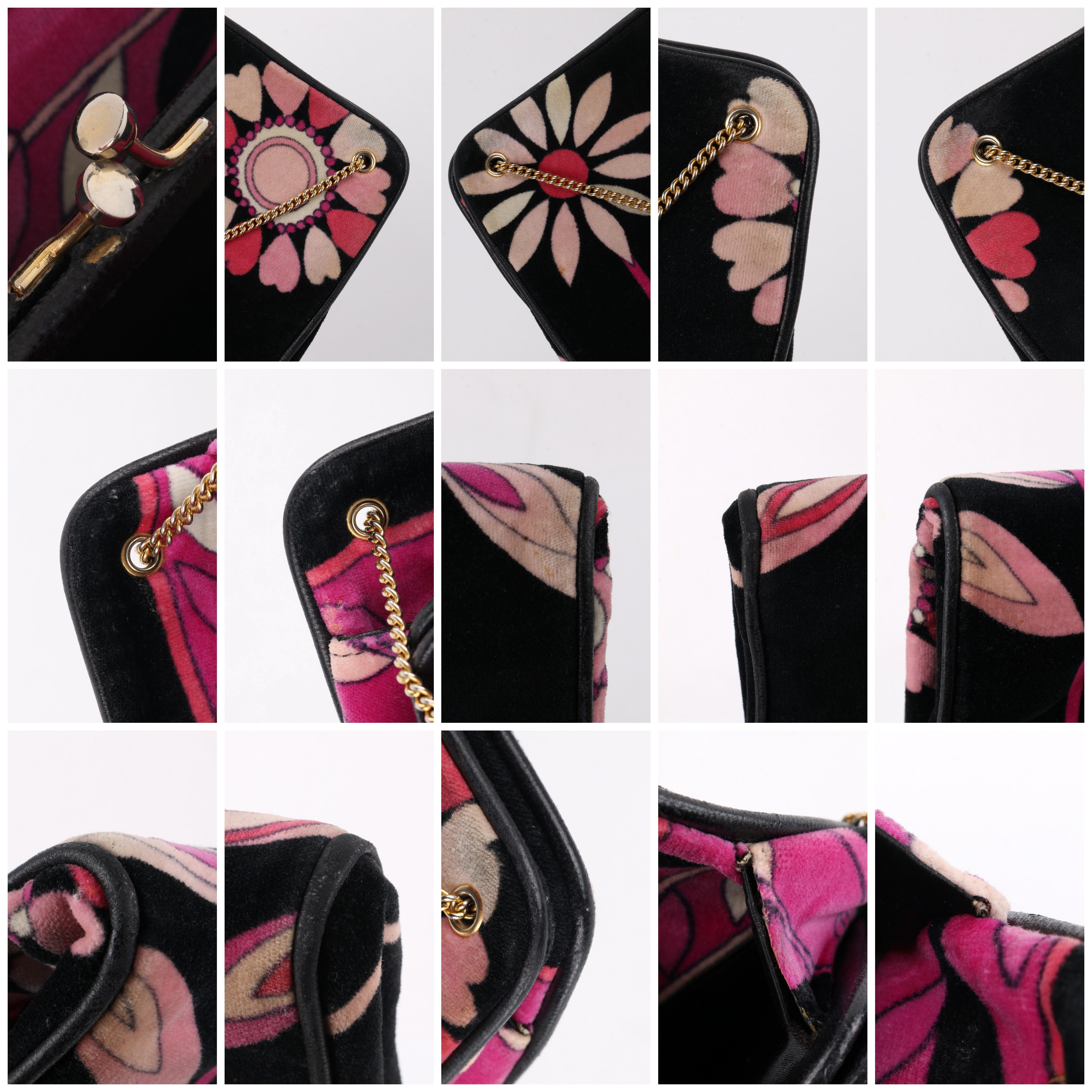EMILIO PUCCI c.1970's Black Pink & Floral Signature Print Velvet Handbag 8