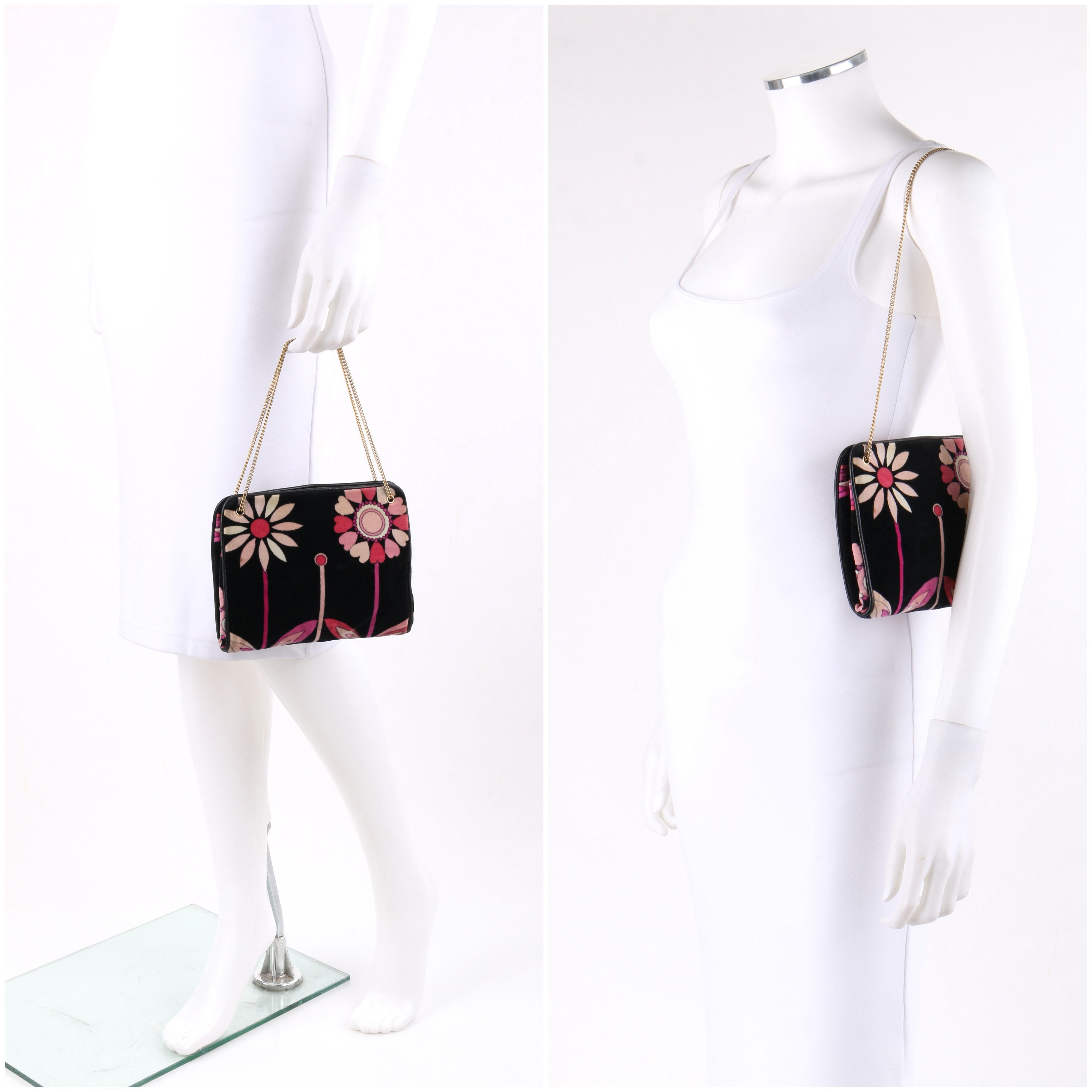 EMILIO PUCCI c.1970's Black Pink & Floral Signature Print Velvet Handbag In Good Condition In Thiensville, WI