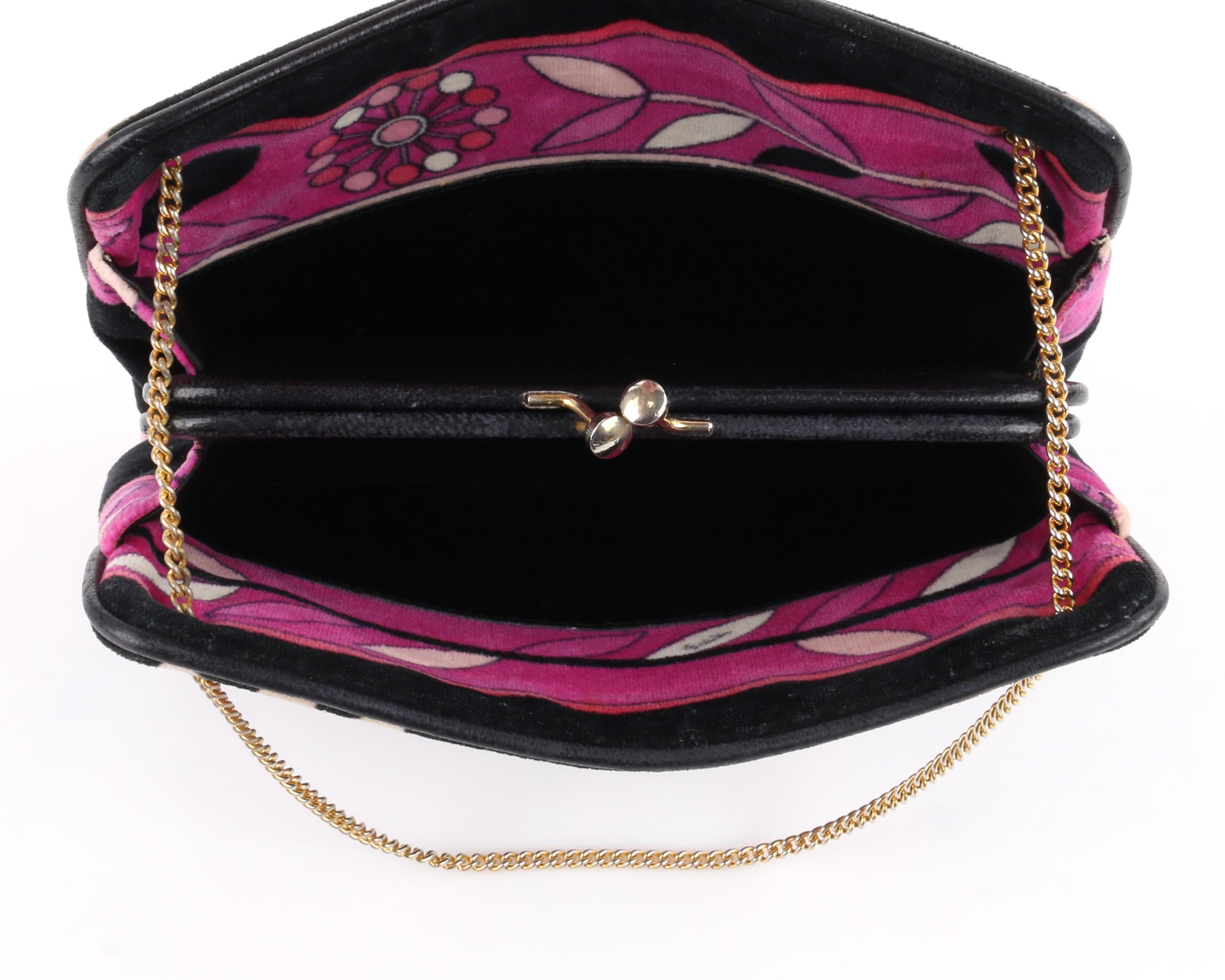 EMILIO PUCCI c.1970's Black Pink & Floral Signature Print Velvet Handbag 2