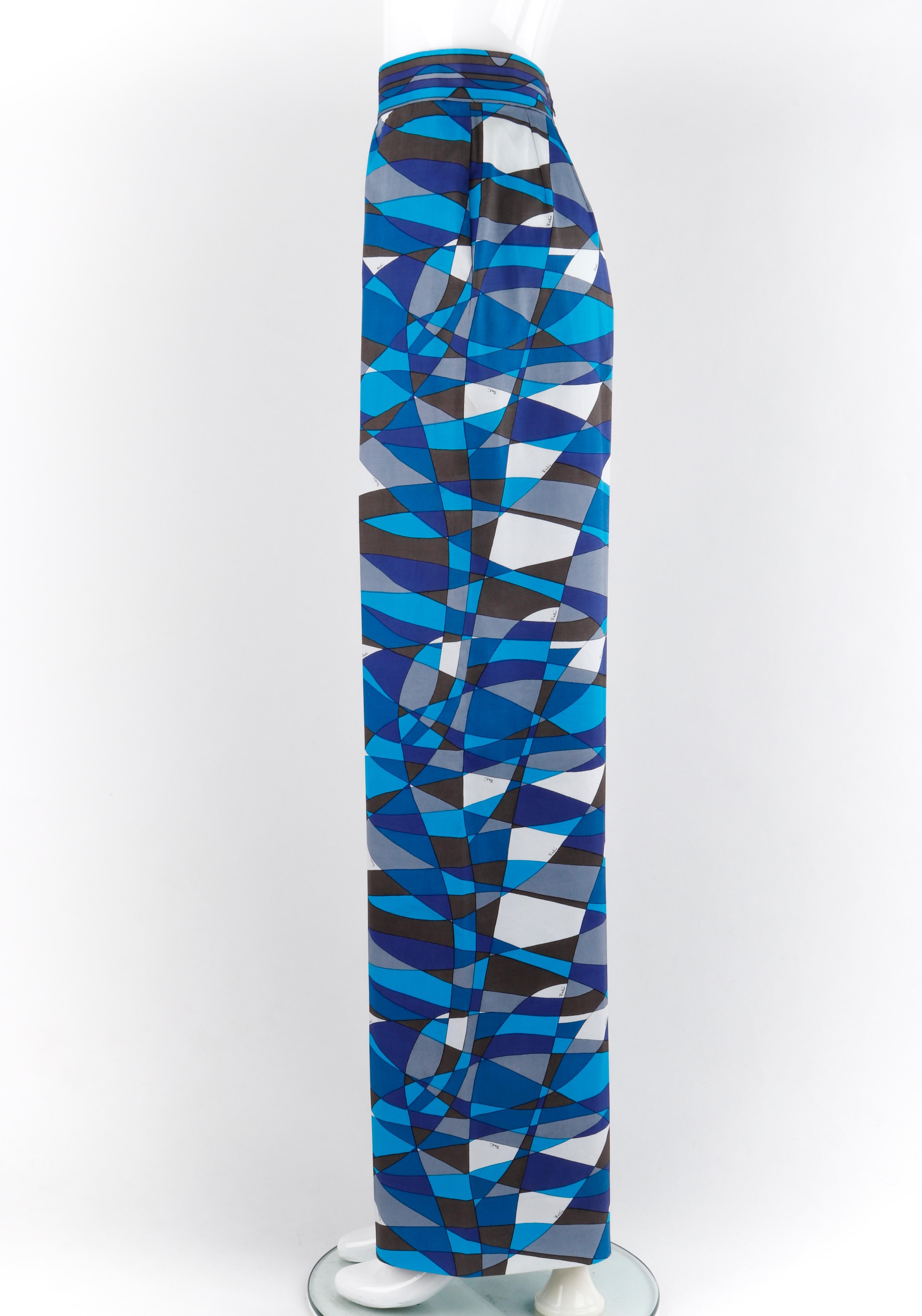 EMILIO PUCCI c.1970s Blue Wave Op Art Signature Print High Waist Wide Leg Pants  1