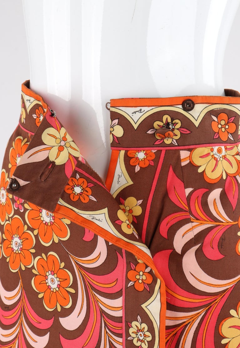 EMILIO PUCCI c.1970s Brown Multicolor Floral Print A-Line Button-Up ...