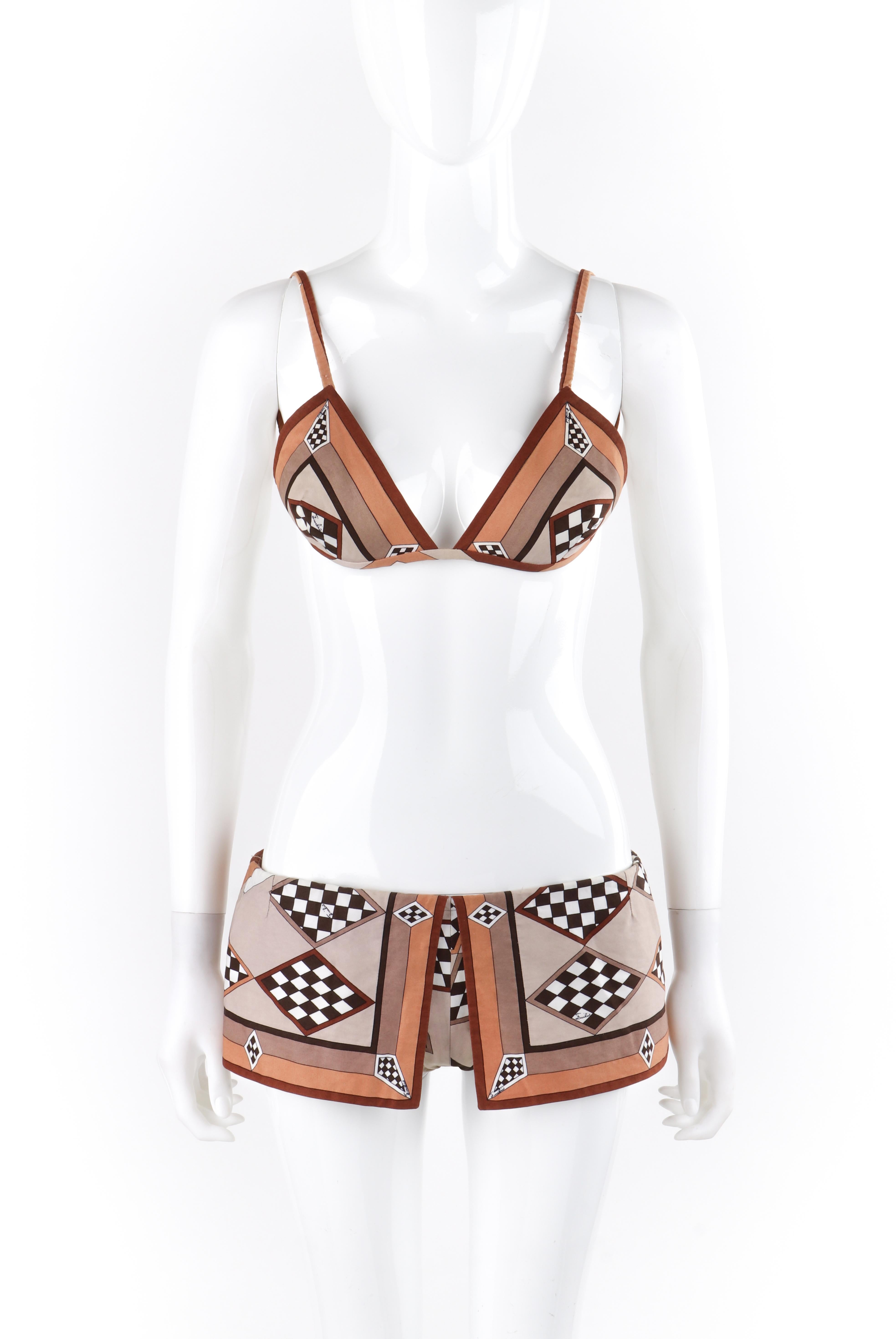 EMILIO PUCCI c.1970’s Brown White Checkered Geometric Shape 2 Pc Bikini Swimsuit
Circa: 1970’s 
Label(s): Emilio Pucci, Exclusively for Saks Fifth Avenue
Designer: Emilio Pucci 
Style: Bikini
Color(s): Shades of brown, white
Lined: Partial 
Marked